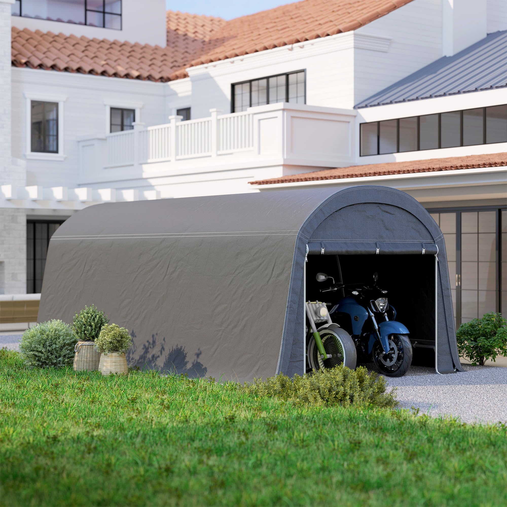 Outsunny 10' x 20' Portable Shed, Waterproof Motorcycle Bike Tent with Roll-up Zipper Door, Galvanised Steel Frame, Outdoor Storage Shed for Garden Tools, Dark Grey — view 8