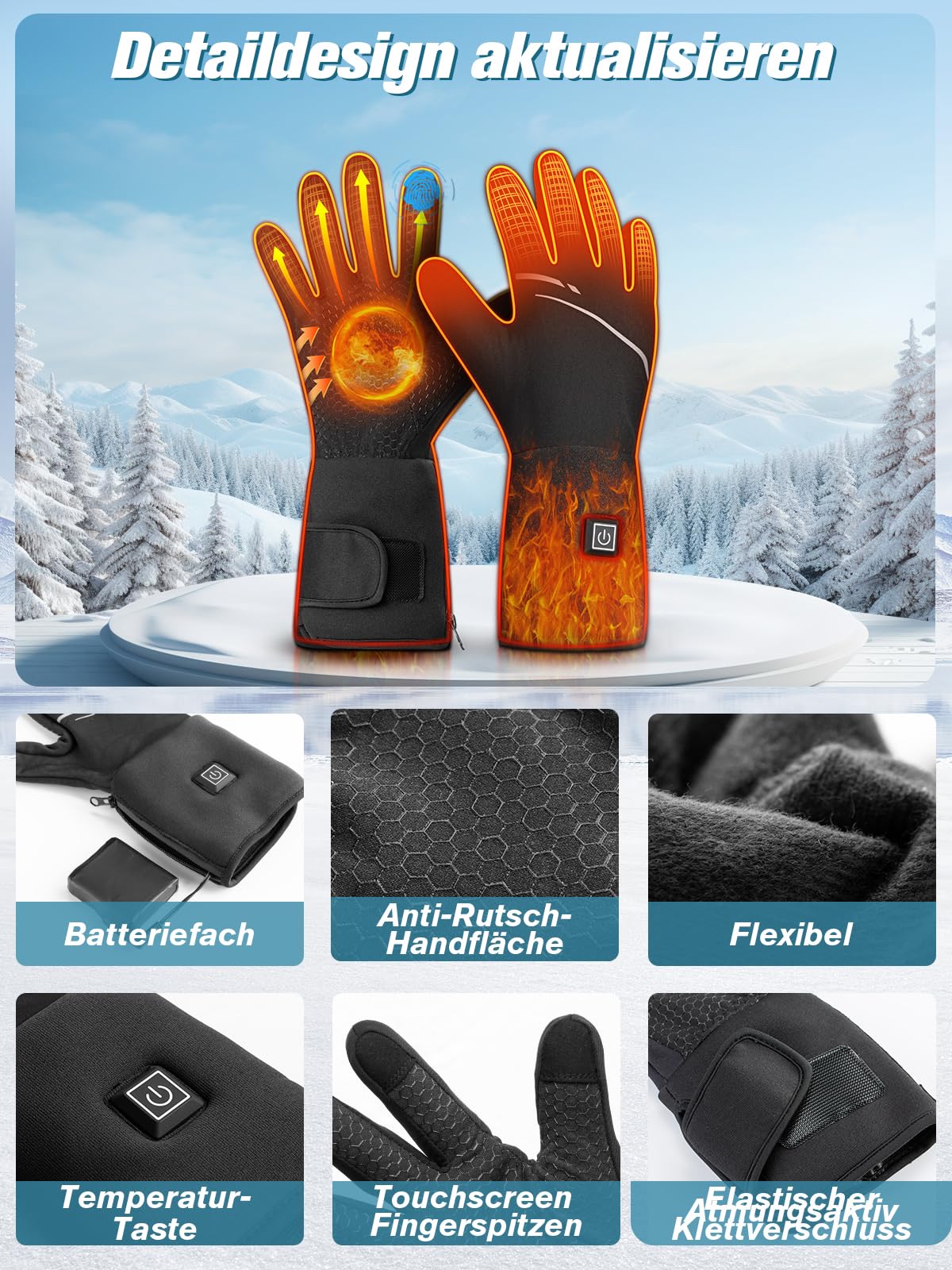 Beheizbare Handschuhe Dünn Damen Herren, Elektrische Beheizte Handschuhe Mit 7.4V 6400MAh Wiederaufladbare Akkus, 3 Temperatur, Touchscreen Heizhandschuhe, Beheizte Arbeitshandschuhe für Skifahren
