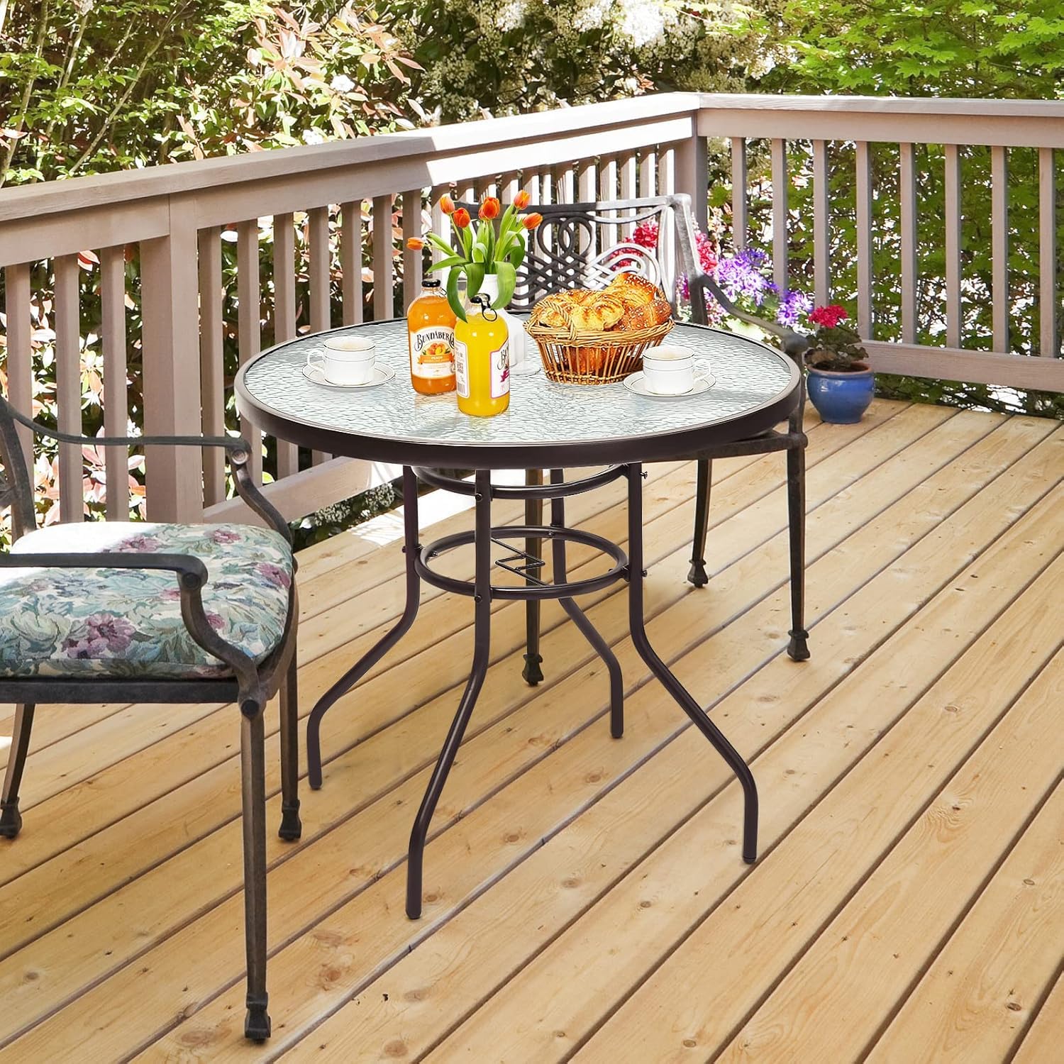 GYMAX 80 cm de Diámetro, Resistente a la Intemperie con Agujero para Sombrilla, Mesa de Jardín con Tablero de Cristal y Estructura de Metal, Mesa Redonda para Balcón, Terraza, Jardín