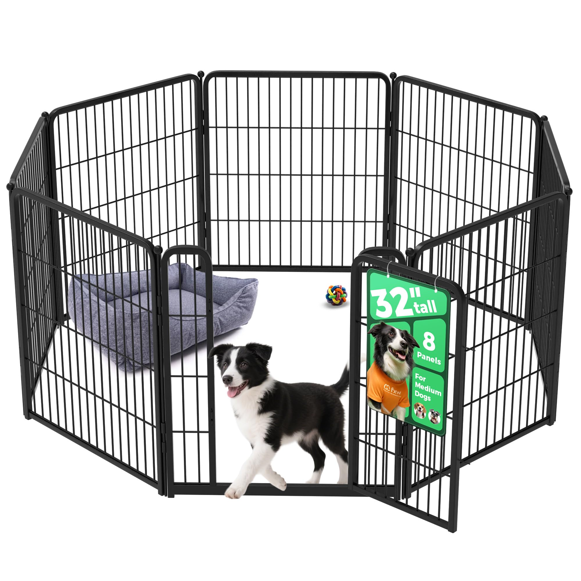 FXW Homeplus Unleashed Indoor Dog Playpen - Stress-Free and Safe Play, Heavy Duty 32 Inch 8 Wire Panels Dog Pen for Small and Medium Dogs, Black│Patented