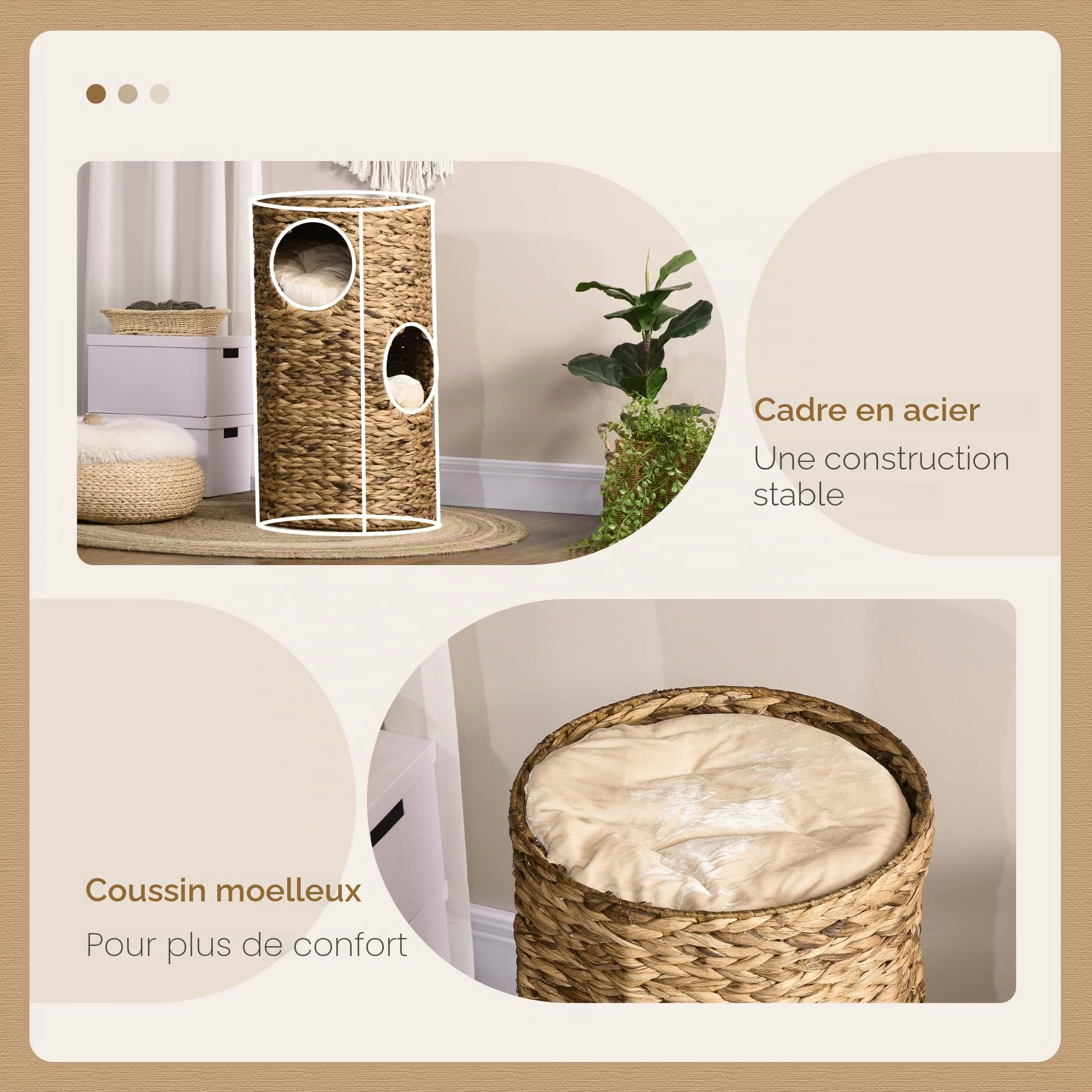 PawHut Tonneau à chat, 73 cm de haut, avec 3 niches, arbre à chat avec coussin, en jacinthe d'eau, pour chat jusqu'à 3,5 kg, marron clair
