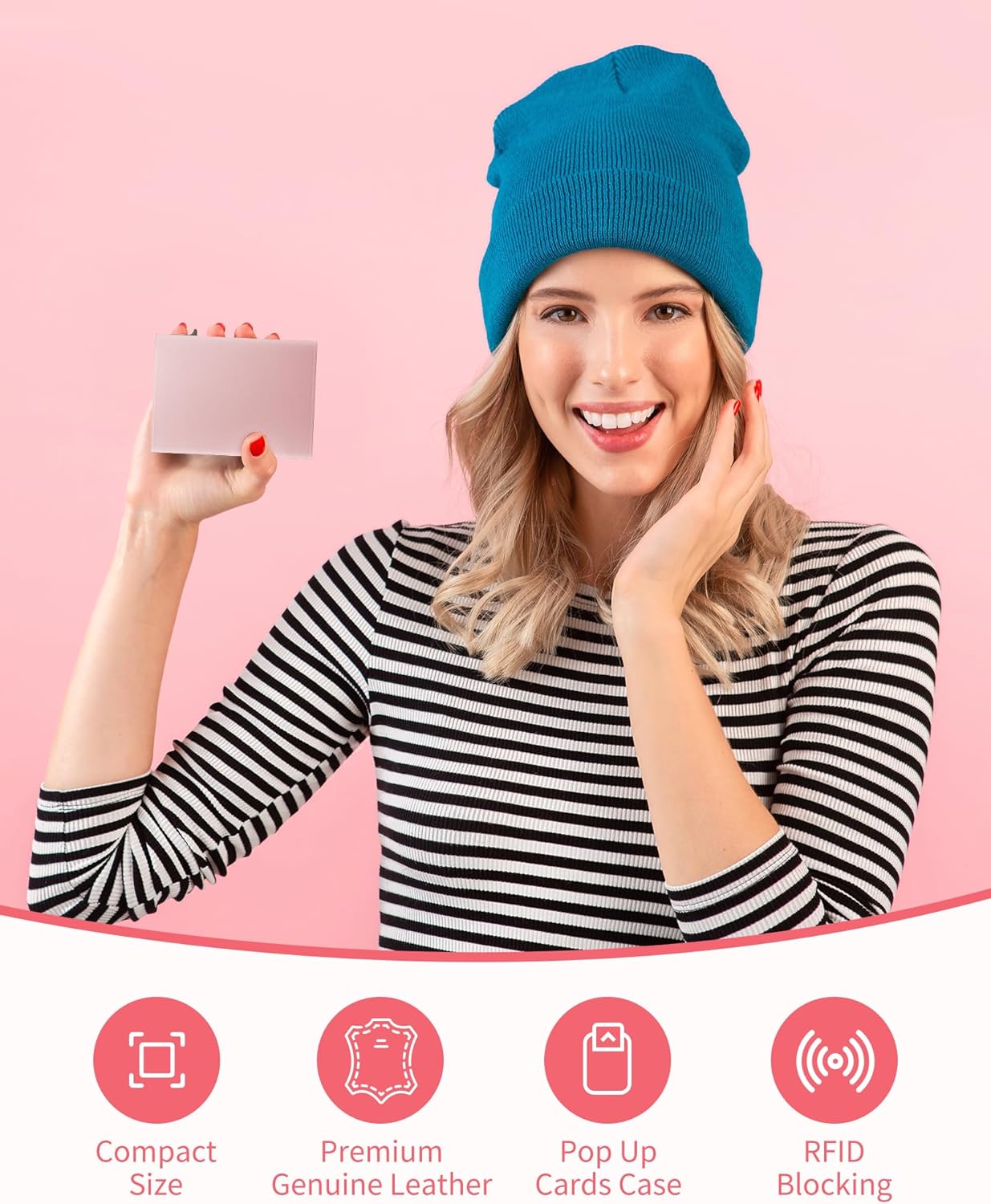 Wallet for Women - Slim Credit Card Holder, Pop Up Card Case, Top Grain Leather, RFID Blocking, Minimalist & Small Design, Hold 13 Cards & 15 Bills with ID Window (Pink) - Image 2