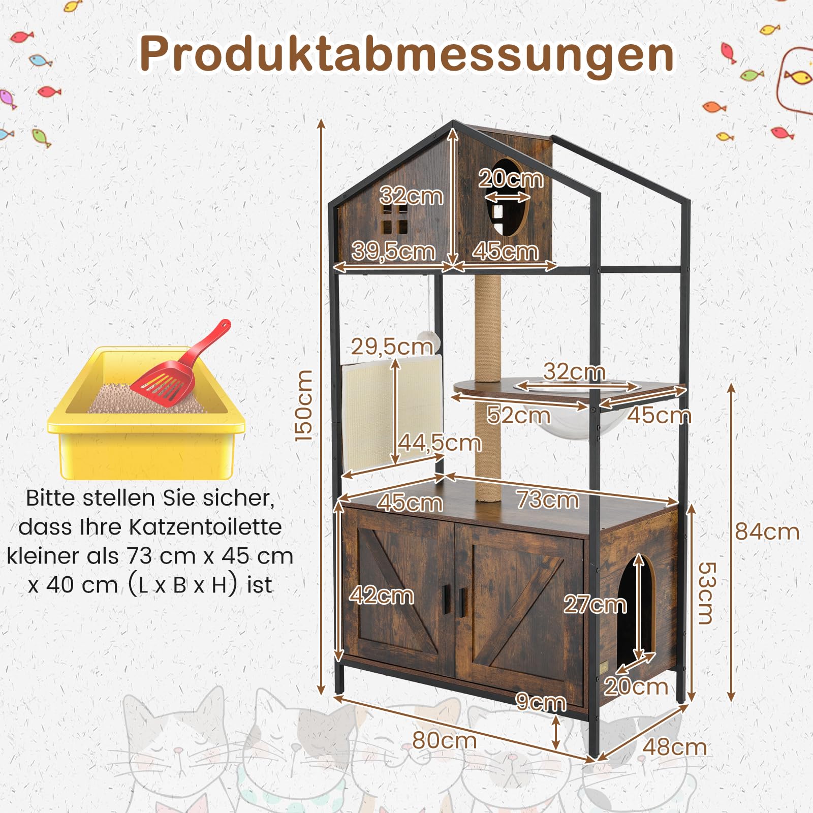COSTWAY Kratzbaum mit Katzenklo Schrank, Katzenschrank für Katzentoilette, Katzenbaum mit Katzenhaus & Jutepfosten & Raumkapsel & Kratzmatte, All-in-One Katzenmöbel, 80 x 48 x 150 cm, Braun