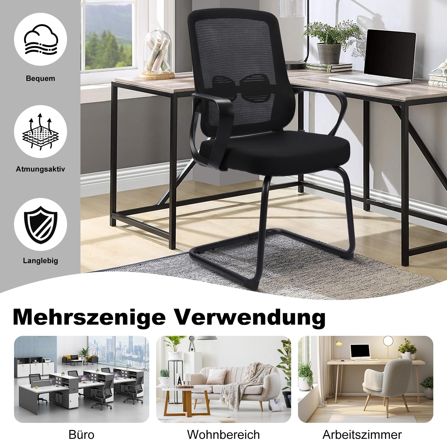 Freischwinger Stühle,Konferenzstuhl,Bürostühle mit Armlehne und Lendenwirbelstütze,Ergonomische Besucherstuhl für Home Konferenzraum Schlafzimmer(1, Schwarz, 62x50x103cm)