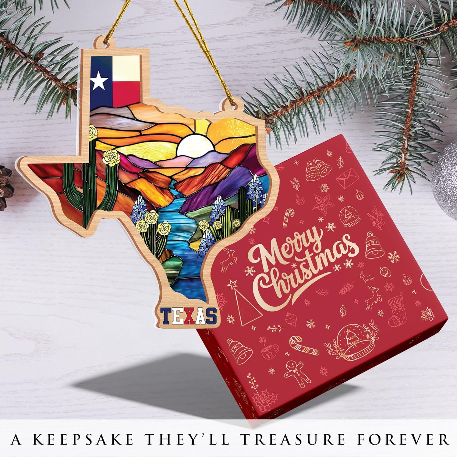 Texas Stained-Glass Look Ornament, Double-Layer Wood & Acrylic State Shape with Flag, Bluebonnets & Cactus, Christmas Ornament for Tree, Ready-to-Gift - Image 4