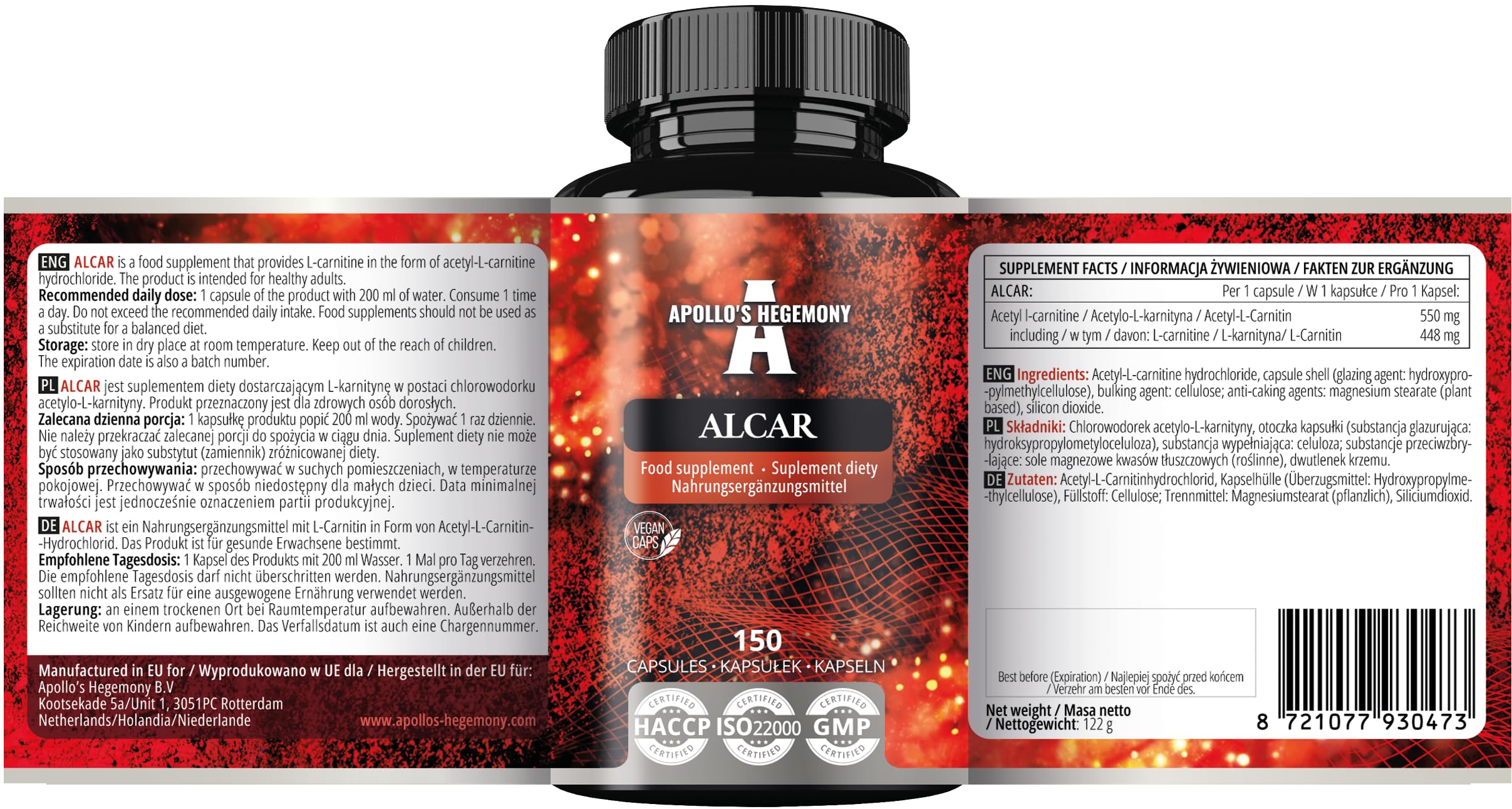 Acetil L-Carnitina HCL 550 mg, ALCAR 150 Capsule Vegane, 5 Mesi di Fornitura, Integratore di Aminoacidi ad Alta Forza, Supporta le Funzioni Cognitive e i Livelli Energetici - da Apollo's Hegemony