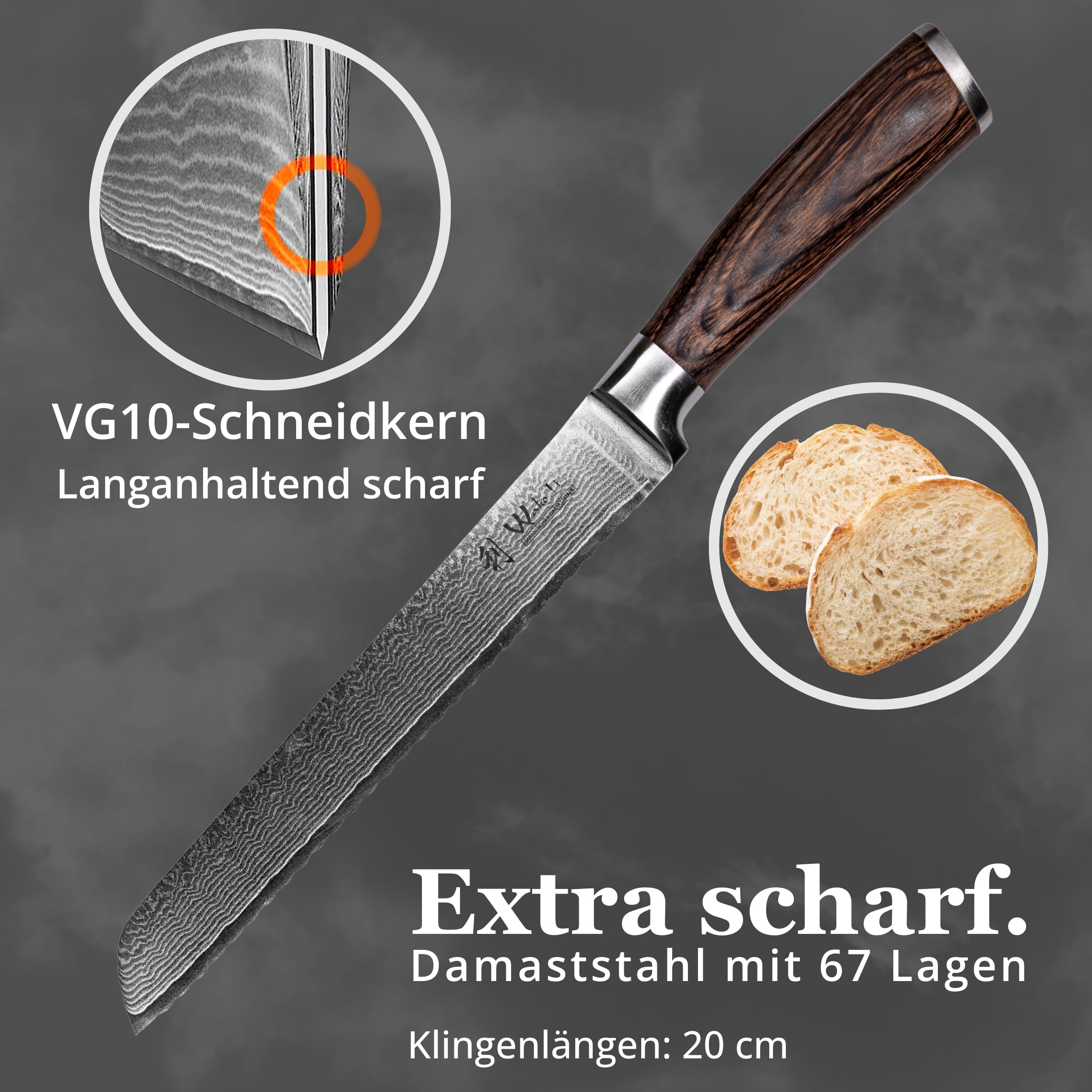 Wakoli EDIB Brotmesser Wellenschliff aus echtem Damaststahl (VG10 Kern) mit 20 cm Klinge – Scharf & ergonomisch – Damastmesser mit Pakkaholzgriff in Geschenkbox – Brotschneidemesser für krosse Krusten