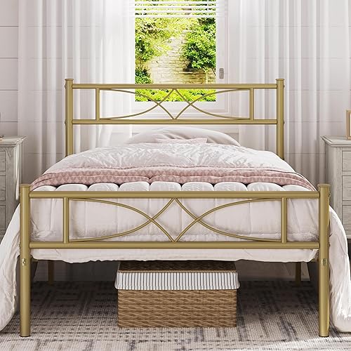 Yaheetech Base de cama de metal tamaño individual XL, base de cama de plataforma, base de colchón con cabecera y estribo de diseño curvo, no