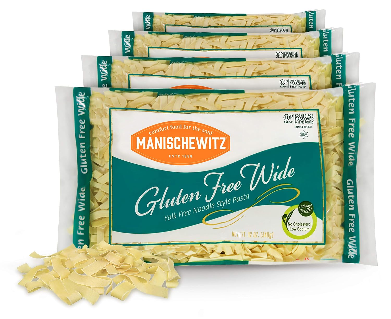 Manischewitz Gluten Free Wide Egg Noodles (4 Pack) Yolk Free, Kosher For Passover and All Year Round Use