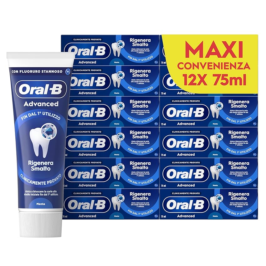 Oral-B Dentifricio Advanced Rigenera Smalto 12x75ml, Dentifricio Oral B Rigenera Smalto Denti, Protezione Carie Per Uso Quotidiano, Pulizia Denti Efficace Sapore Menta Piperita e Eucalipto