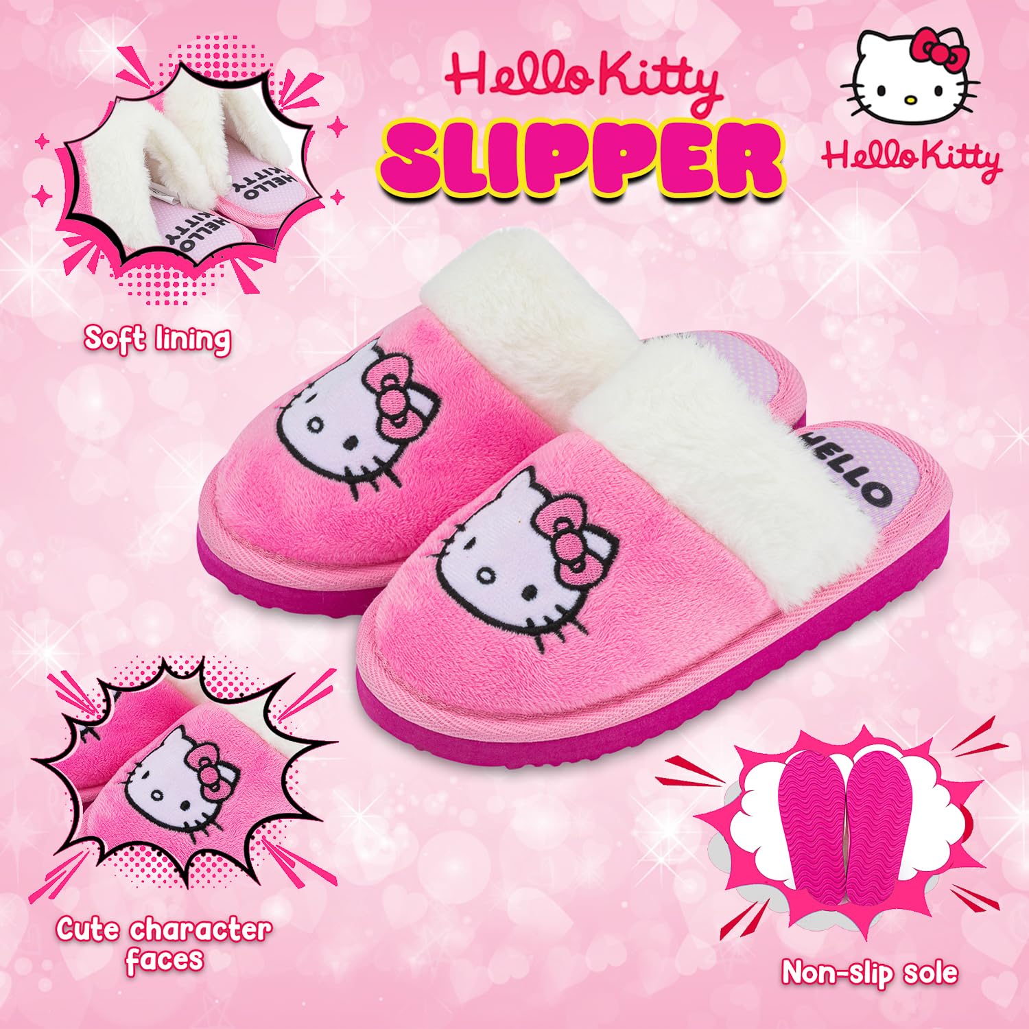Hello Kitty Pantoufles mules pour filles – Chaussures d'intérieur en fausse fourrure rose avec motif brodé – Semelle antidérapante – Chaussures de chambre confortables et chaudes pour enfants et