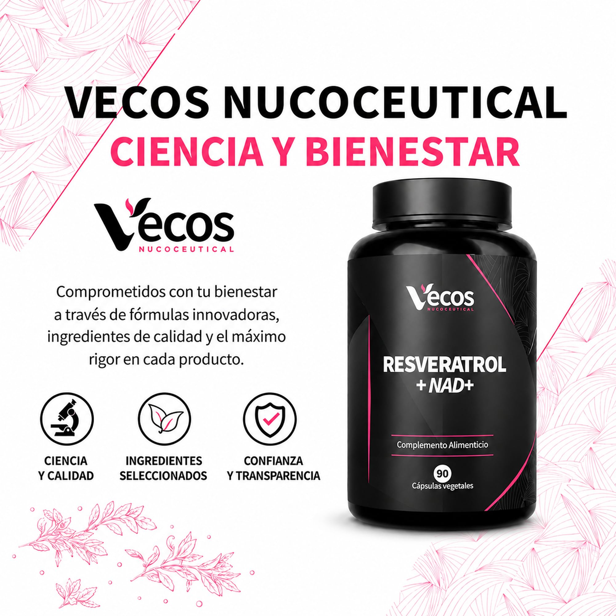 Resveratrol con NAD+, Quercetina y Bioperine – Energía Celular y Antioxidante Avanzado – 90 Cápsulas Veganas (180 Cápsulas (2 Botes))