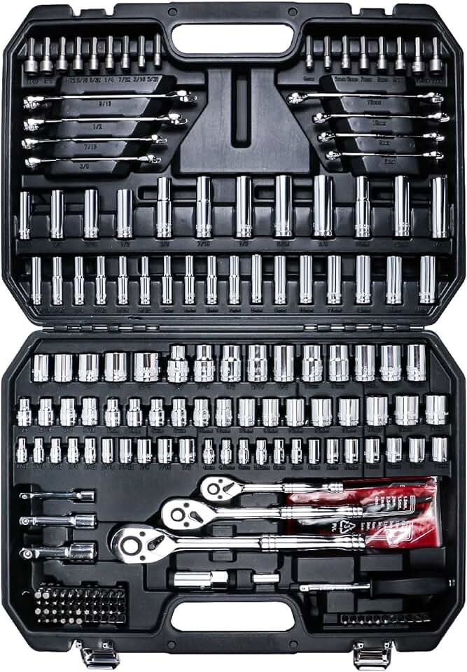 AMM Mechanics Tool Set, 1/4 in, 3/8 in and 1/2 in Drive socket set, 202 Piece