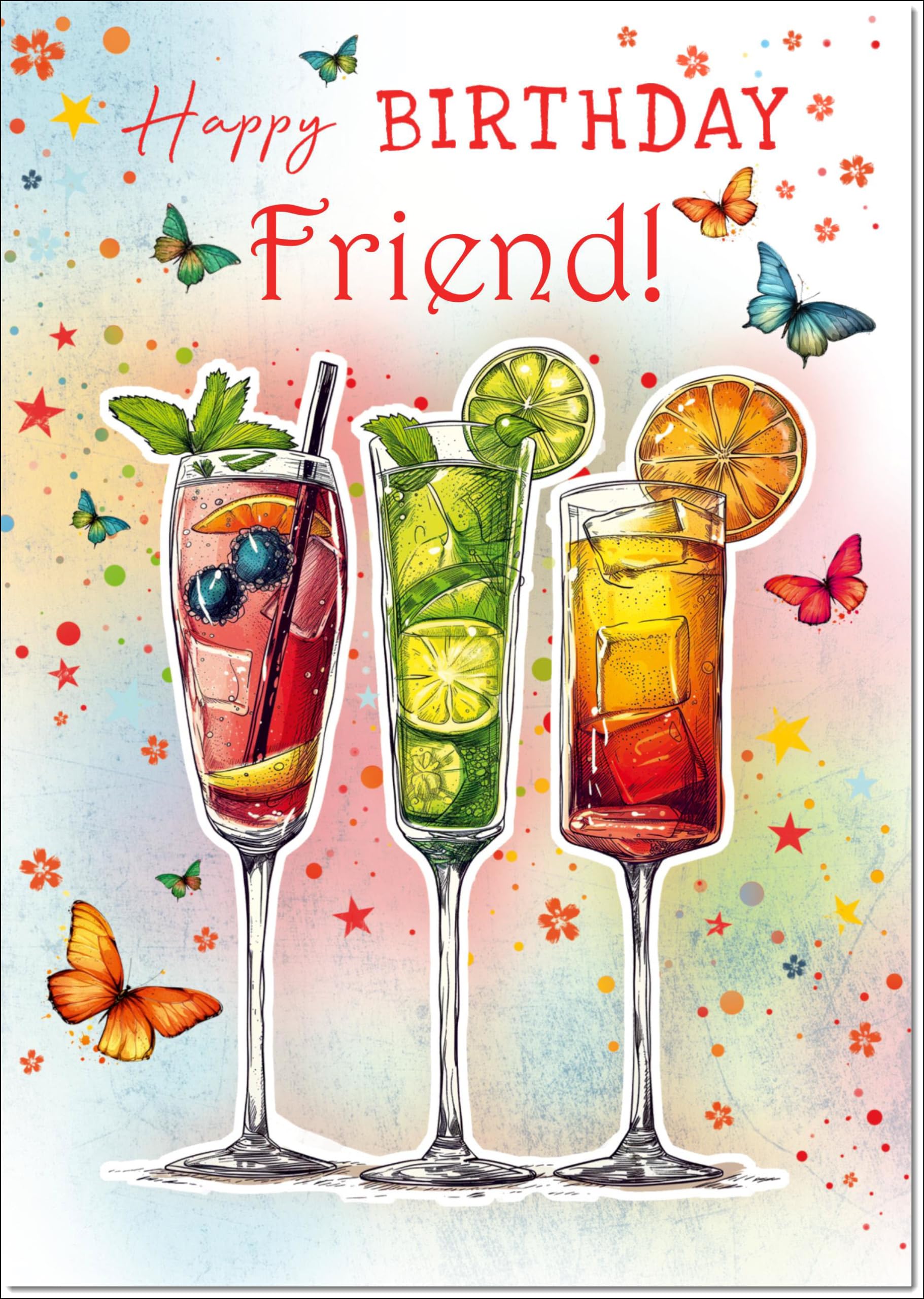 doodlecards Friend Female Birthday Card Cocktails and Butterflies Large A4 Size with Plain Envelope