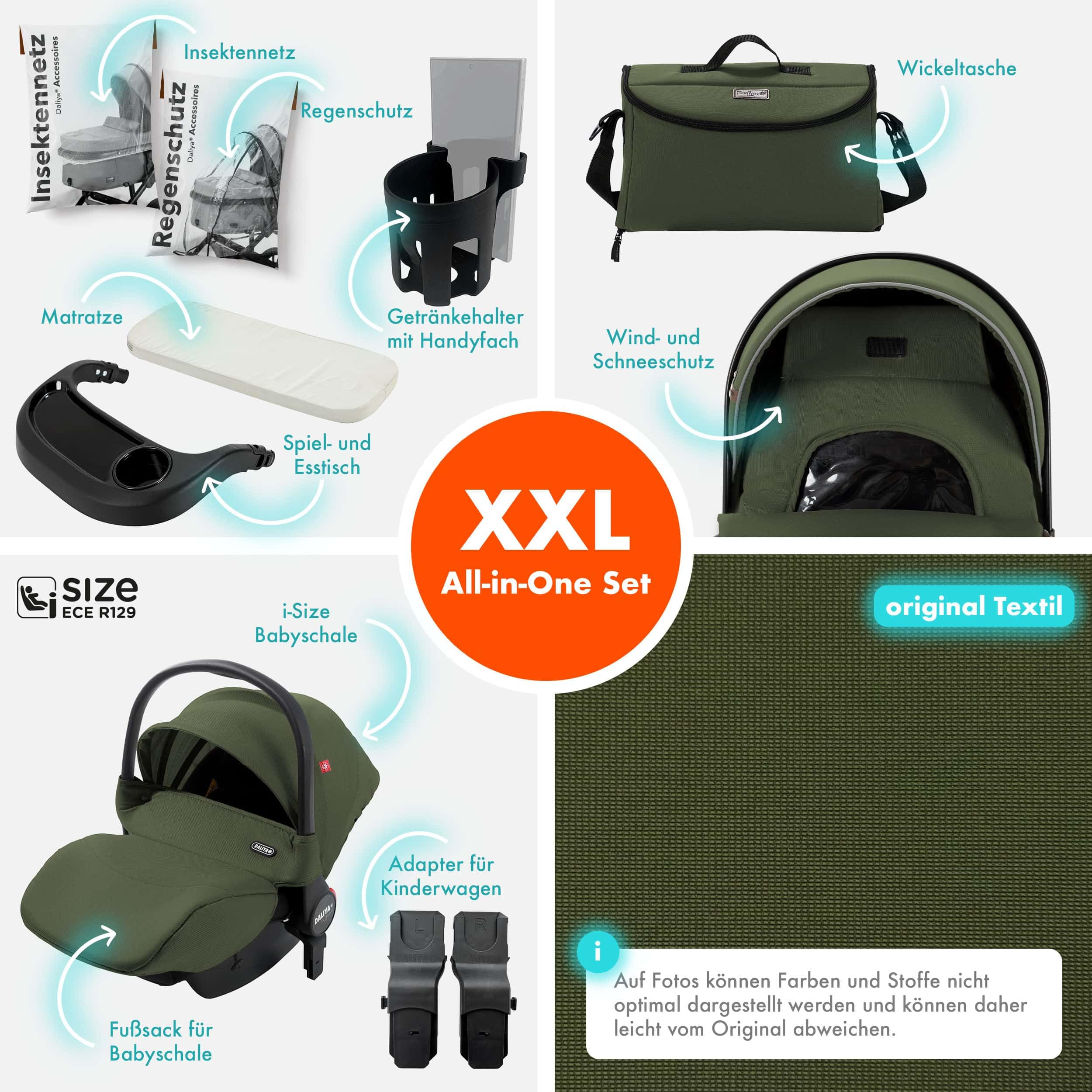 Daliya® FLEXI-PRO M 3in1 Kinderwagen & Buggy mit i-Size Babyschale, Viel Zubehör (Olivgrün)