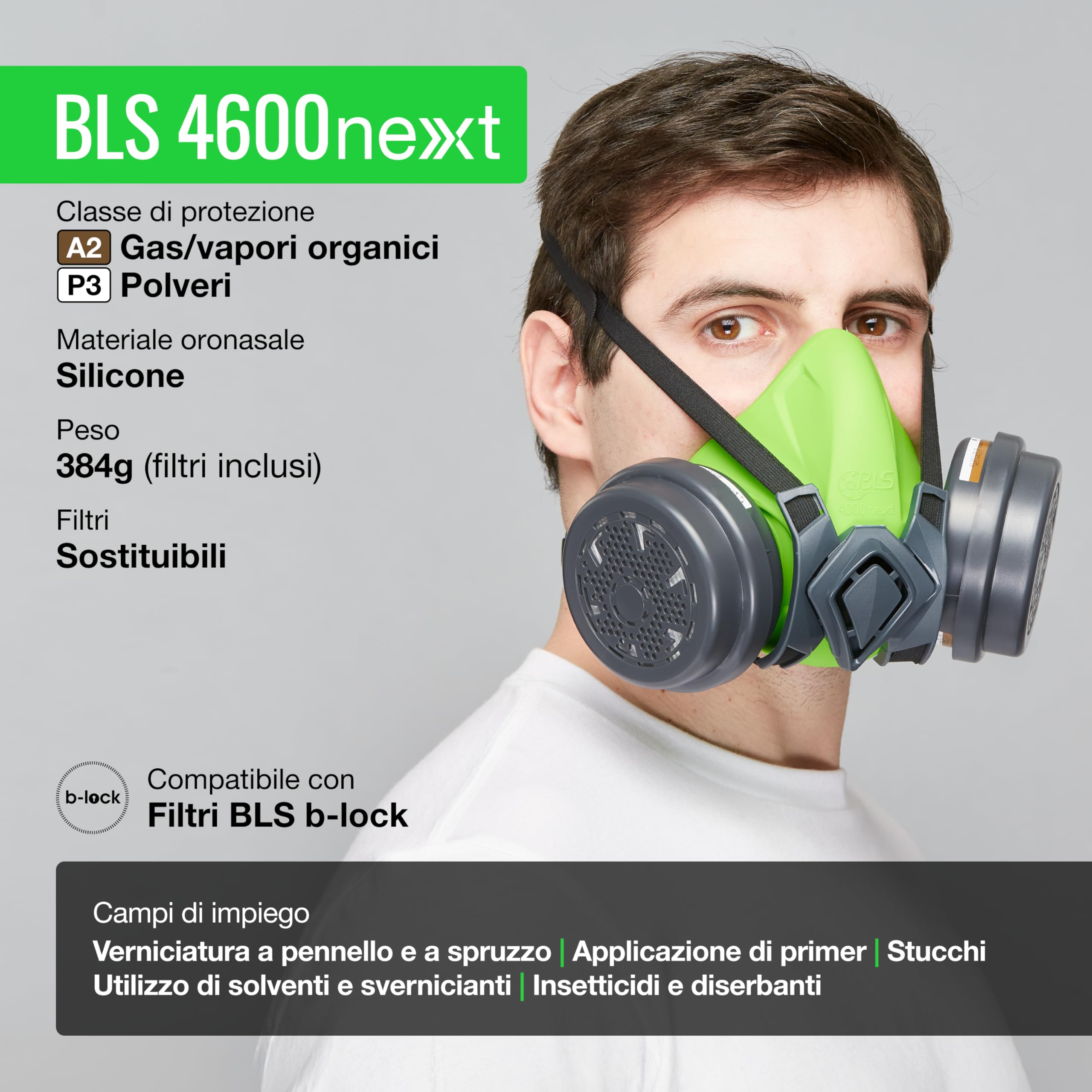 BLS 4600next A2P3 R D Semimaschera Protettiva in Silicone e 2 Filtri Sostituibili 221 A2P3 con Attacco a Baionetta b-lock. Per Gas/Vapori, Polveri, Verniciatura, Stuccatura e Solventi
