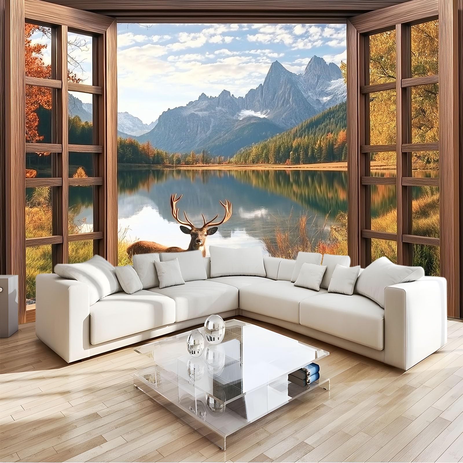Fototapeta 3D Realizm Rama okienna Góry Jeleń Fototapeta Nietkany Plakat Fototapeta 300 x 210 cm Moda Dziecięca Dekoracja Domu Tapeta Papierowa Fototapeta