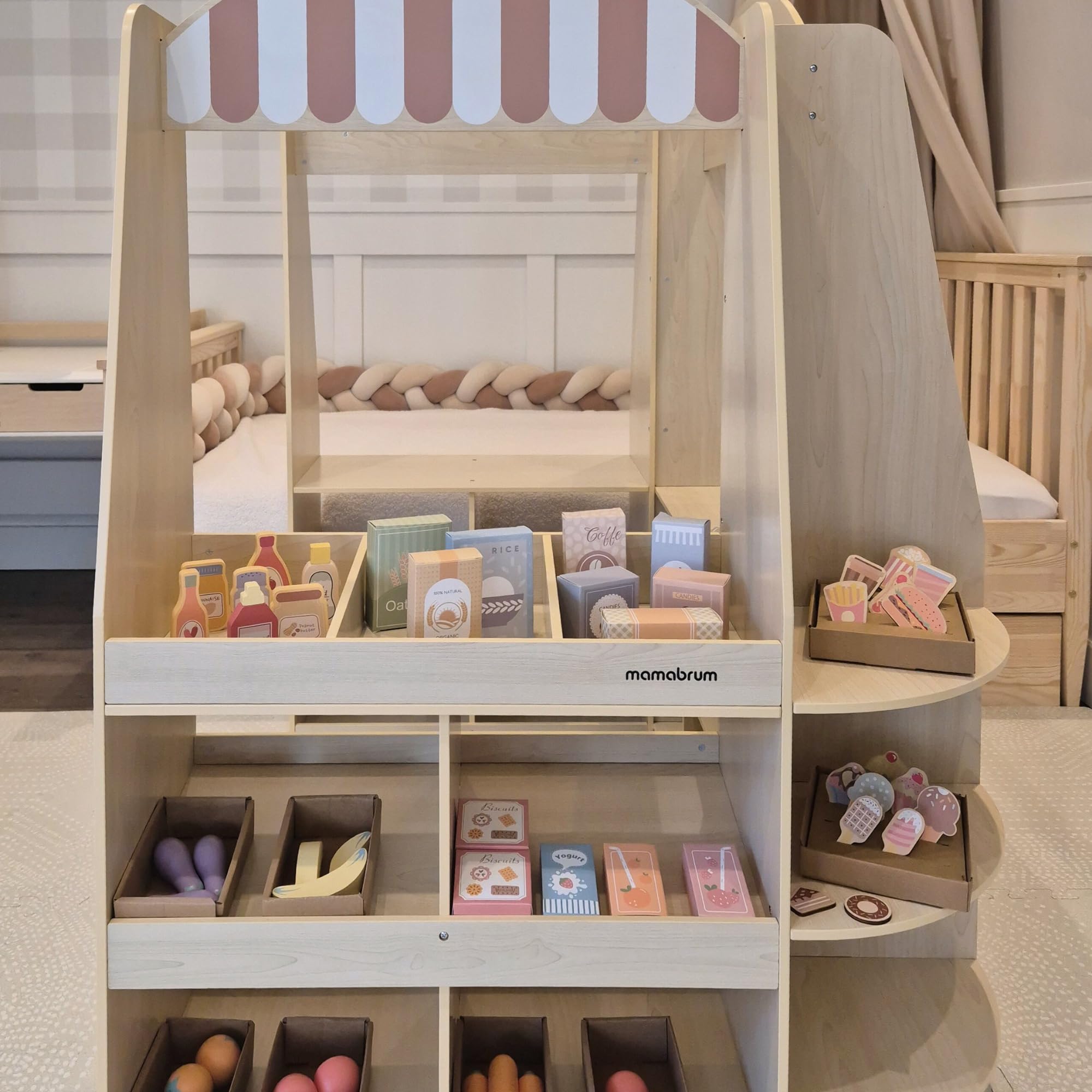 Mamabrum Grande Negozio di Legno per Bambini - 91 Pezzi per Gioco di Shopping con Lavagna, Frutta Verdura Cassa Accessori Educativi Divertimento 3+