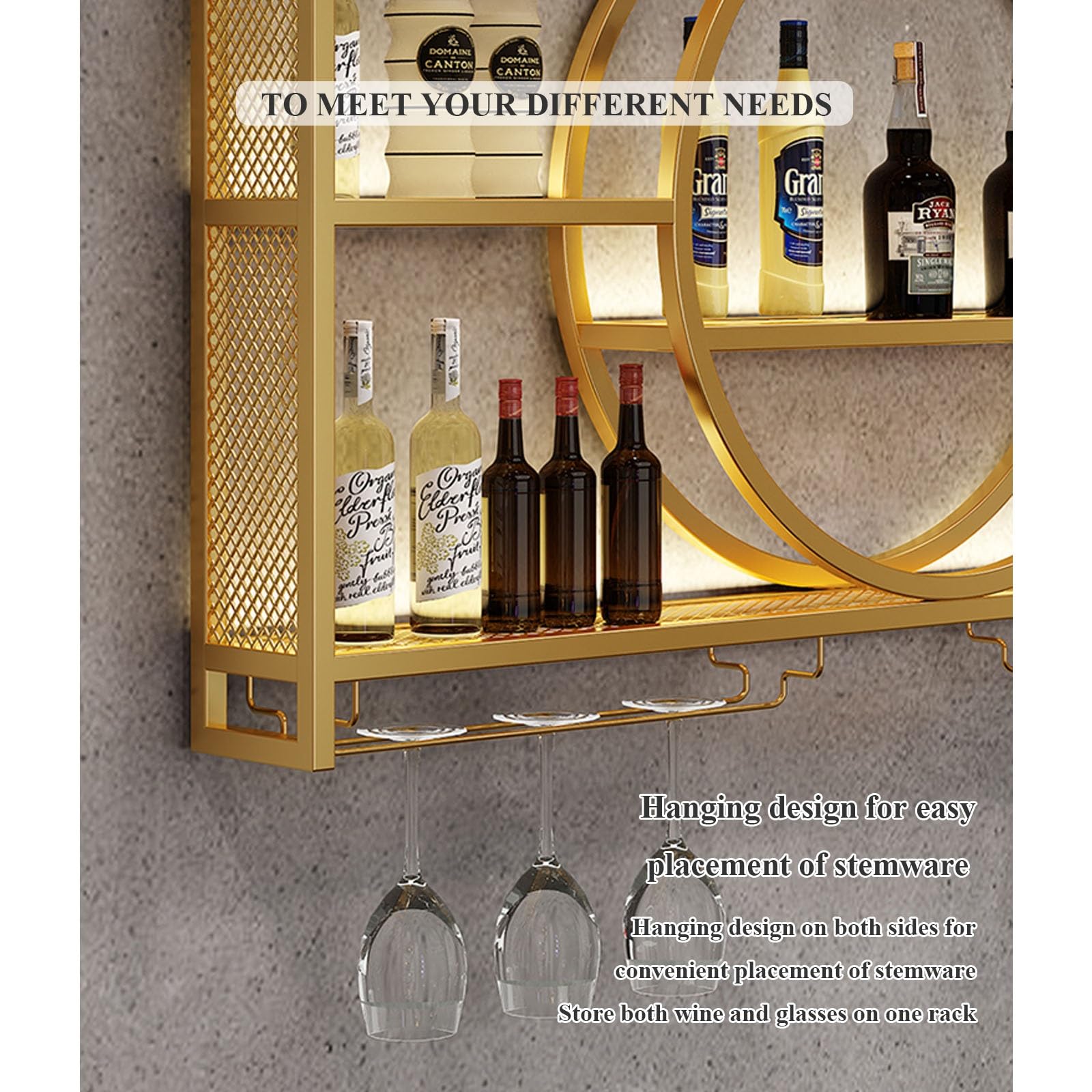 Smart Home, portabottiglie da Parete in Metallo con Luce LED - Mensola per Vino in Ferro con portabicchieri per Bottiglie di liquore - Eleganti mensol
