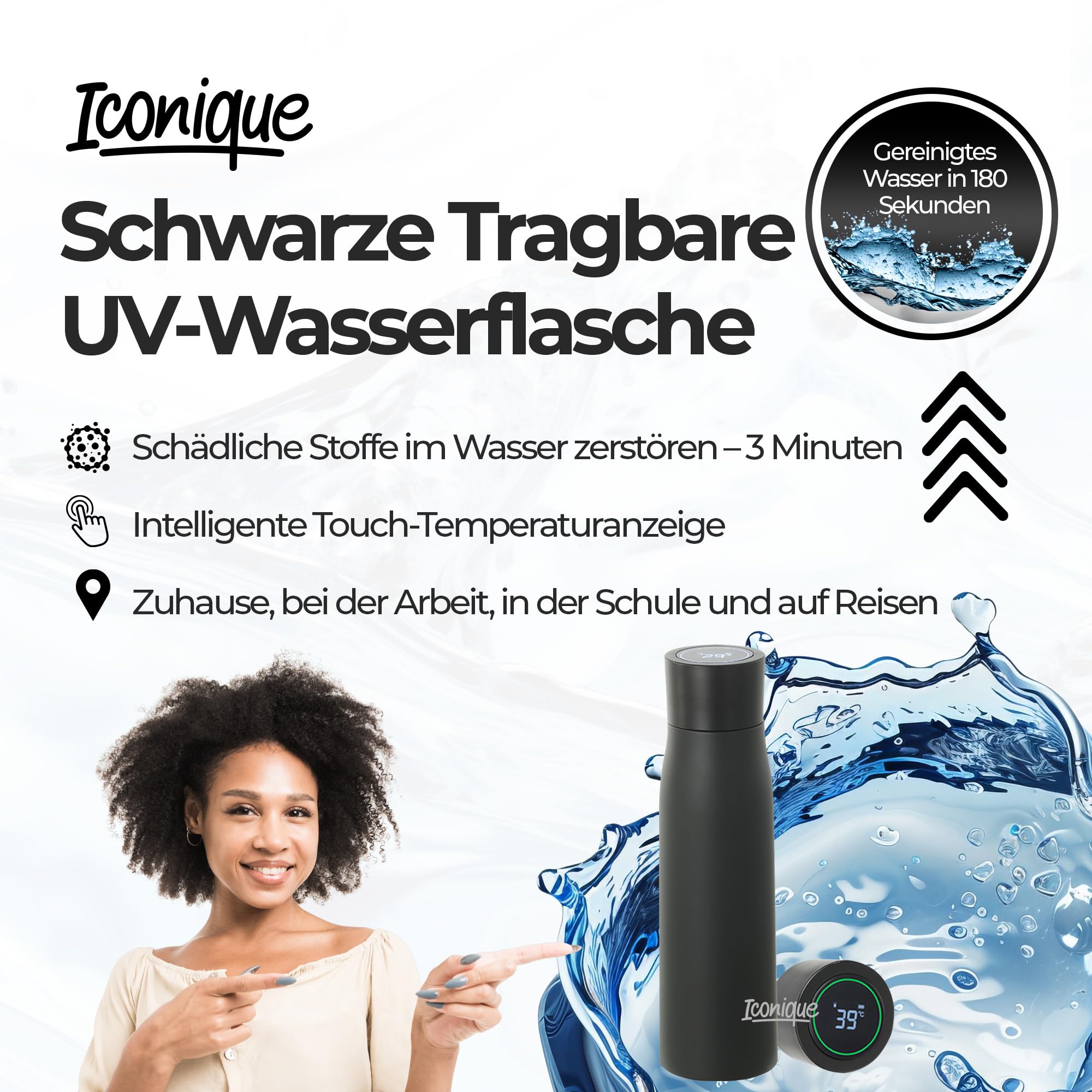 Ikonische Edelstahl-Trinkflasche Mit Uv-Filter | 500ml | Schwarz | Selbstreinigender Wasserfilter, Deckel Mit Led-Temperaturanzeige, Trink-Erinnerungsfunktion