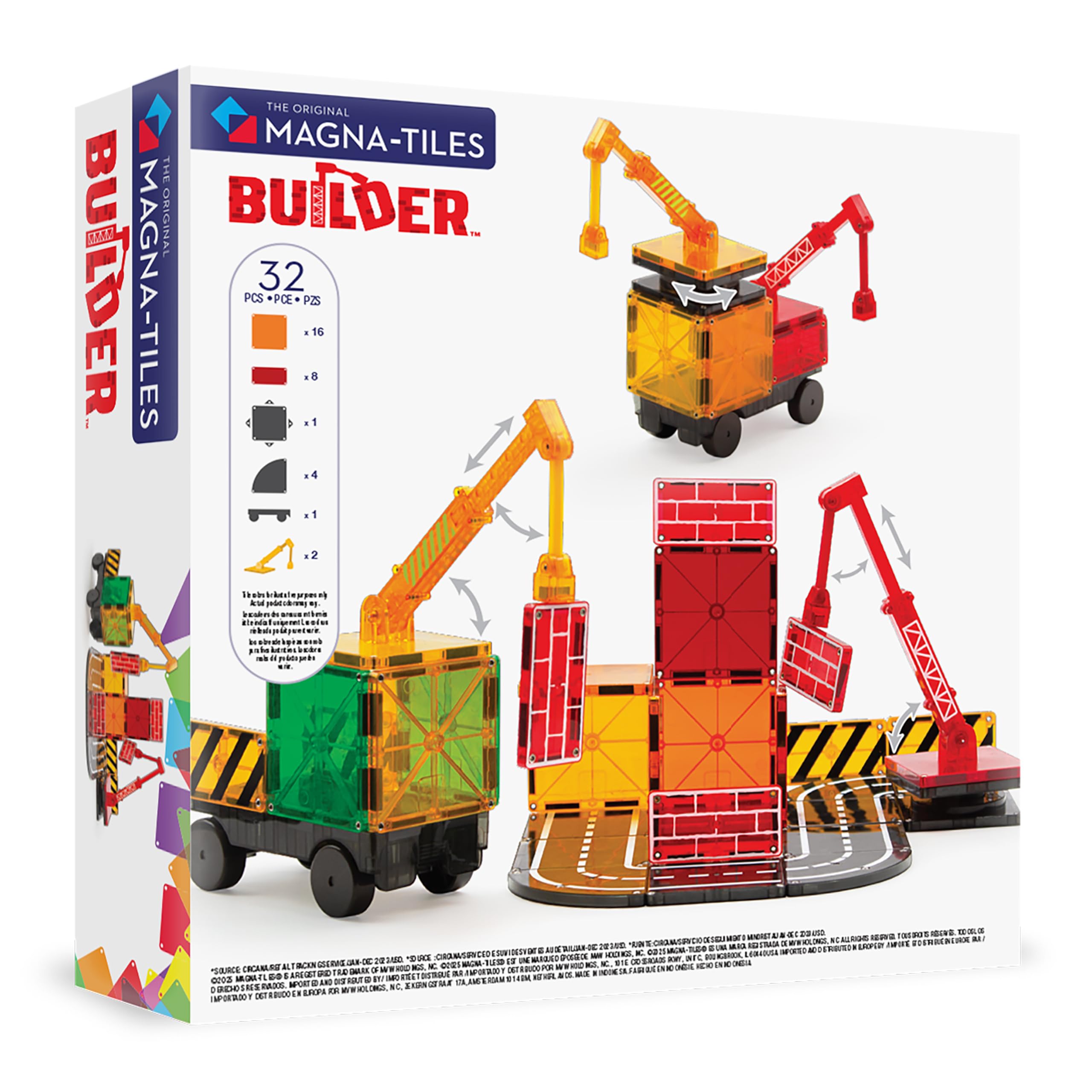 Magna-Tiles Builder 32‑teiliges Magnetbaukasten mit Straßenplatten, Kran und Fahrzeug, ab 3 Jahren, STEAM-Spielzeug zum kreativen Bauen, kompatibel Sets