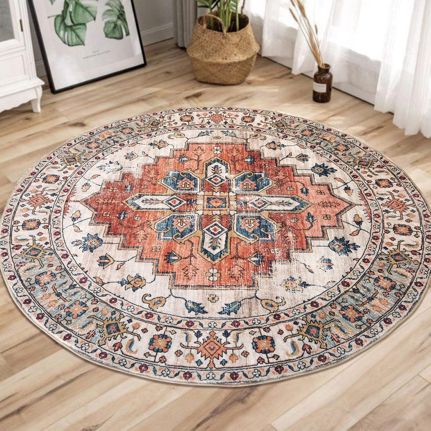 Runner Rug Round Non Slip Distressed Faux Wool Area Rug Runner for Hallway Washable Carpet Floor Mat for Living Room Bedroom Kitchen Laundry Room Traditional & Classic 4' (round)