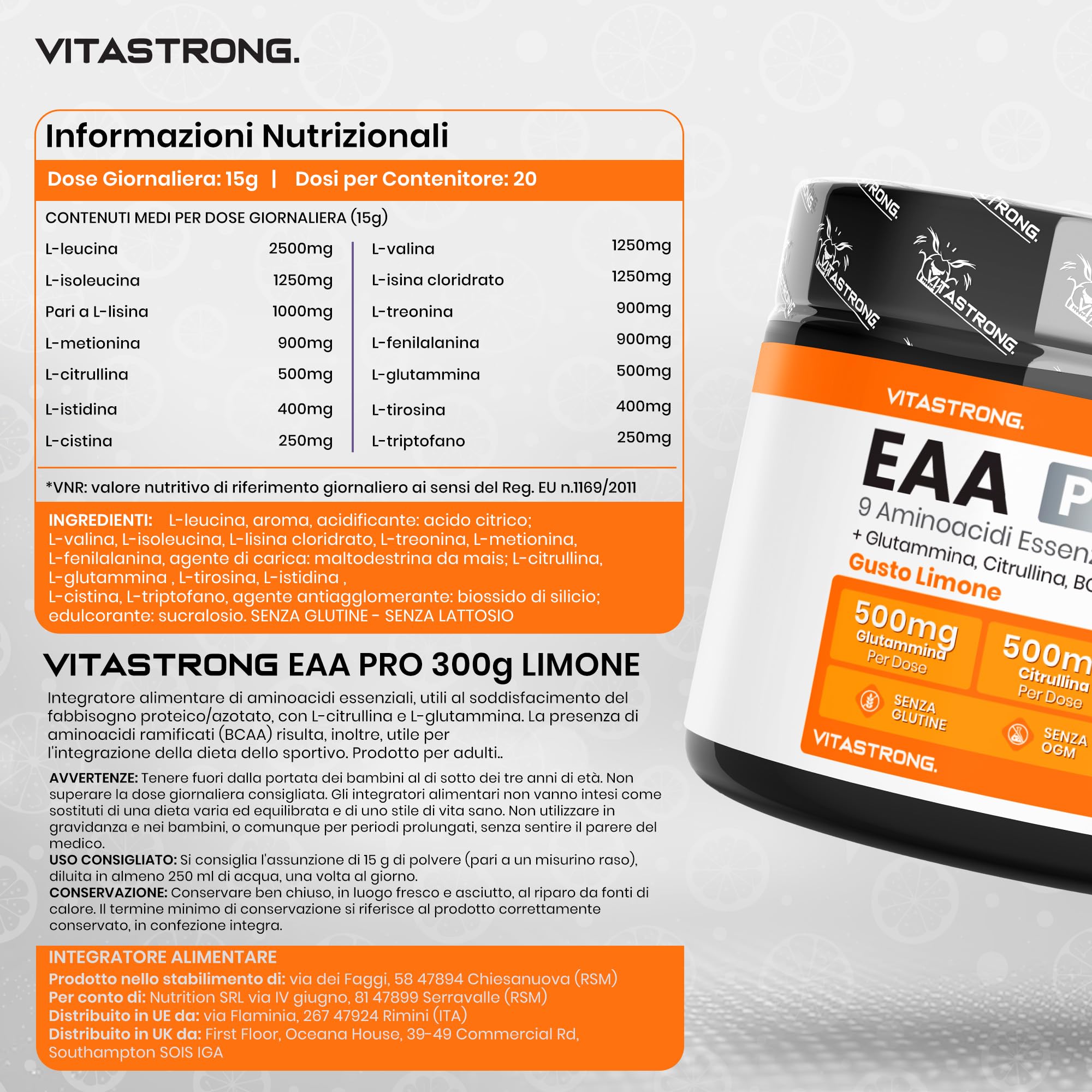 Aminoacidi Essenziali EAA PRO Vitastrong, 9 EAA Aminoacidi Essenziali Polvere 300g, BCAA Amminoacidi Ramificati, Glutammina, L Citrullina, L-Tirosina, L Lisina, L Triptofano, Metionina, Gusto Limone
