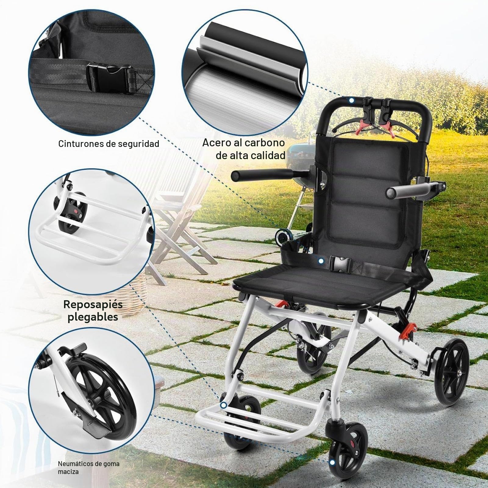 Silla de ruedas plegable ultraligera, portátil de viaje, capacidad de carga de 100 kg, aleación de acero al carbono, silla de ruedas con manillar giratorio de 360°, solo 8,2 kg, ideal para