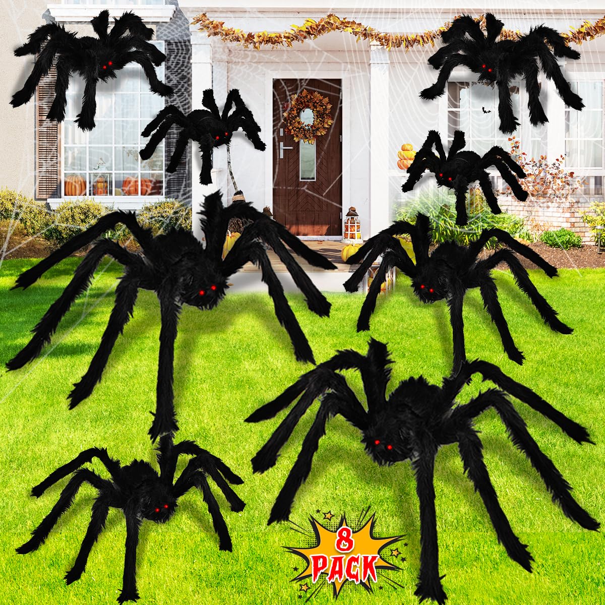 Dreampark Decoraciones de araña de Halloween, Juego de 8 arañas peludas realistas, Accesorios de araña aterradores para Interiores, Exteriores y decoración Espeluznante de Patio