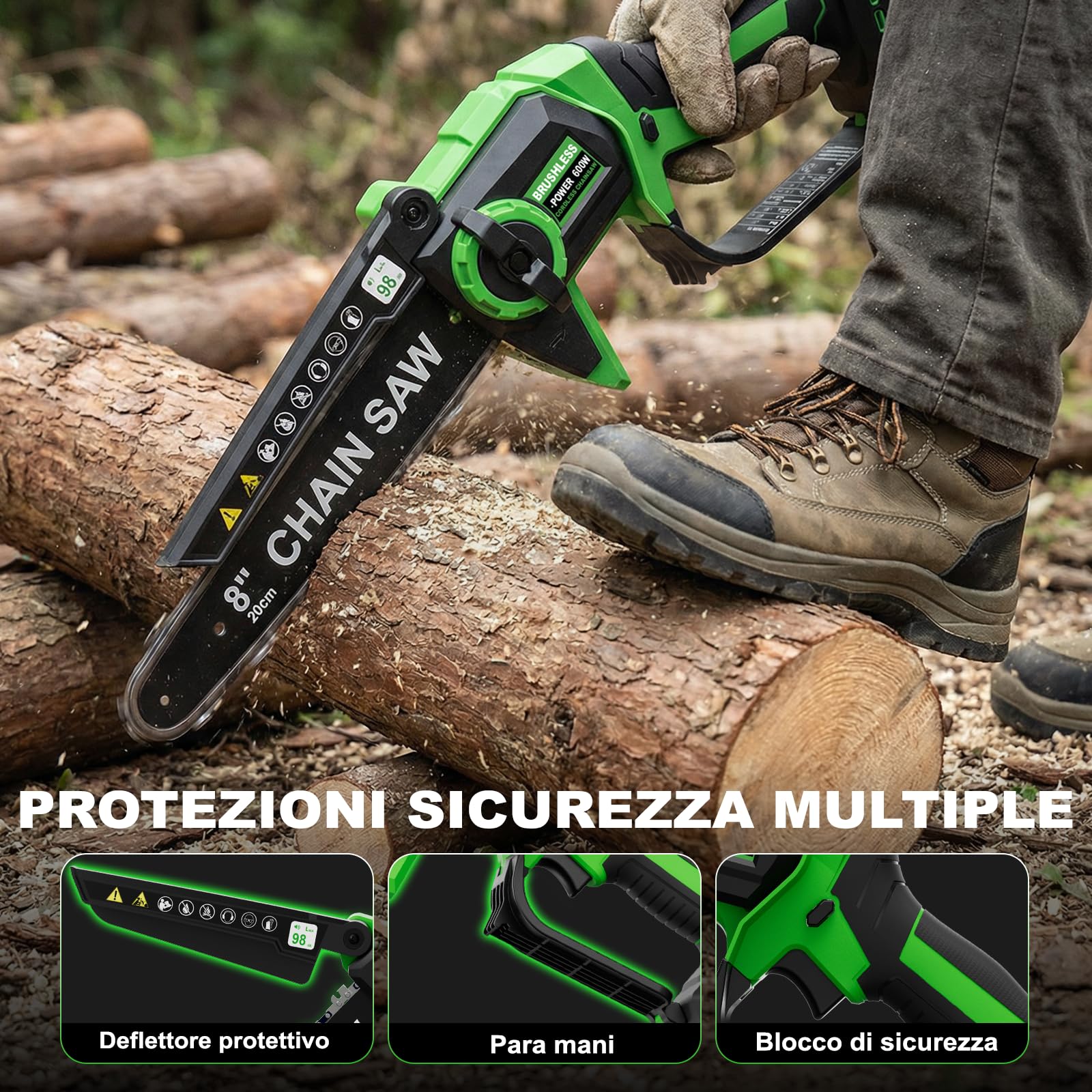 8 Pollici Mini Motosega con 2 Batterie e Caricatore, Sega a Batteria per Potatura Senza Fili, Brushless Motosega con Lubrificazione Automatica, Motosega Elettrica Potatura di Legno/Alberi