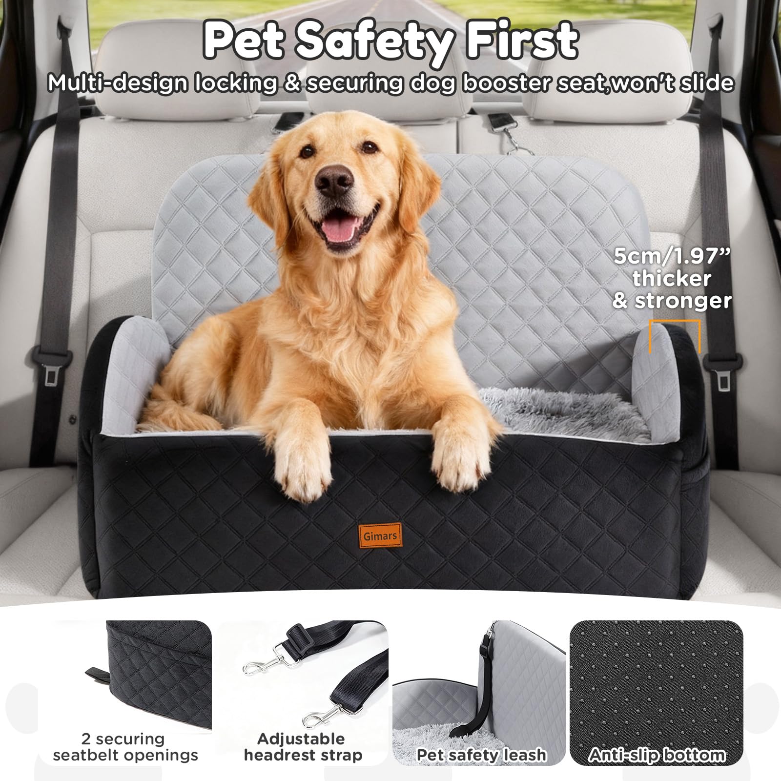 Gimars Reversibile Seggiolino Auto Per Cani conPeluche Lungo/Corto Cuscino sedile Per Cani Piccoli/Medi Fino A 27kg, Sfoderabile Lavabile Trasportino Per Cani Auto Con 13cm 28D Egg-Crate Schiuma, L