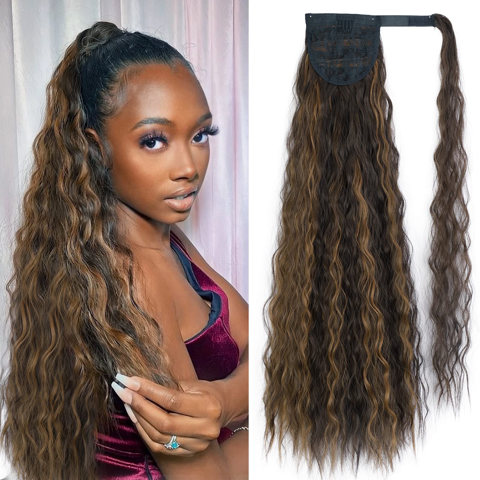 Stamped Glorious Long Corn Wave Ponytail Extension Magic Paste Heat Resistant Wavy Synthetic Wrap Around Ponytail Black Hairpiece for Women (26 Inch,