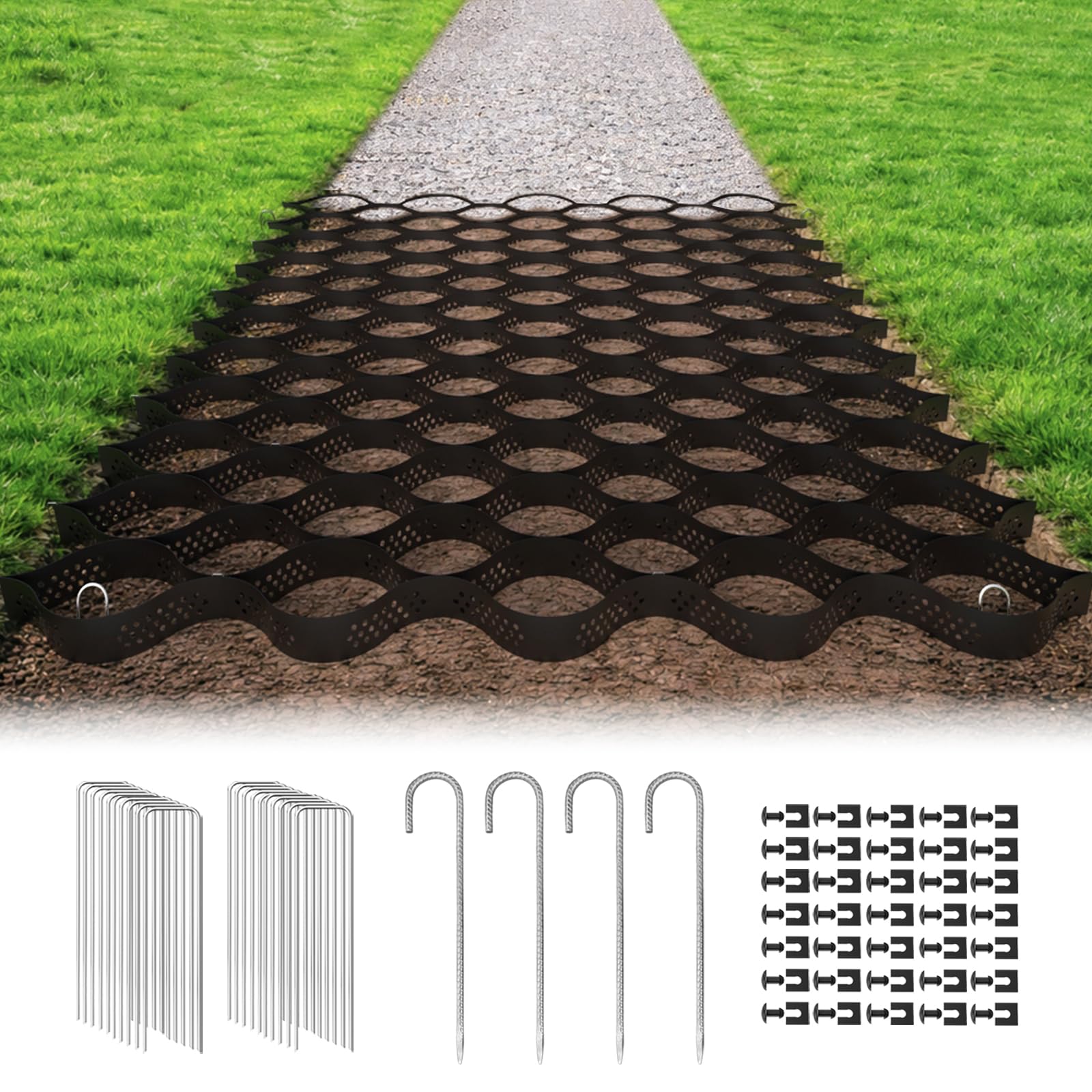 Gravel Grid 2'' Depth with Metal Stakes, 6.6x33 FT Geogrid for Gravel Driveway 2200 lbs per Sq FT Erosion Control Ground Grid Gravel Stabilizer Grid for Driveway, Parking Lot, Slope, Walkway, Patio