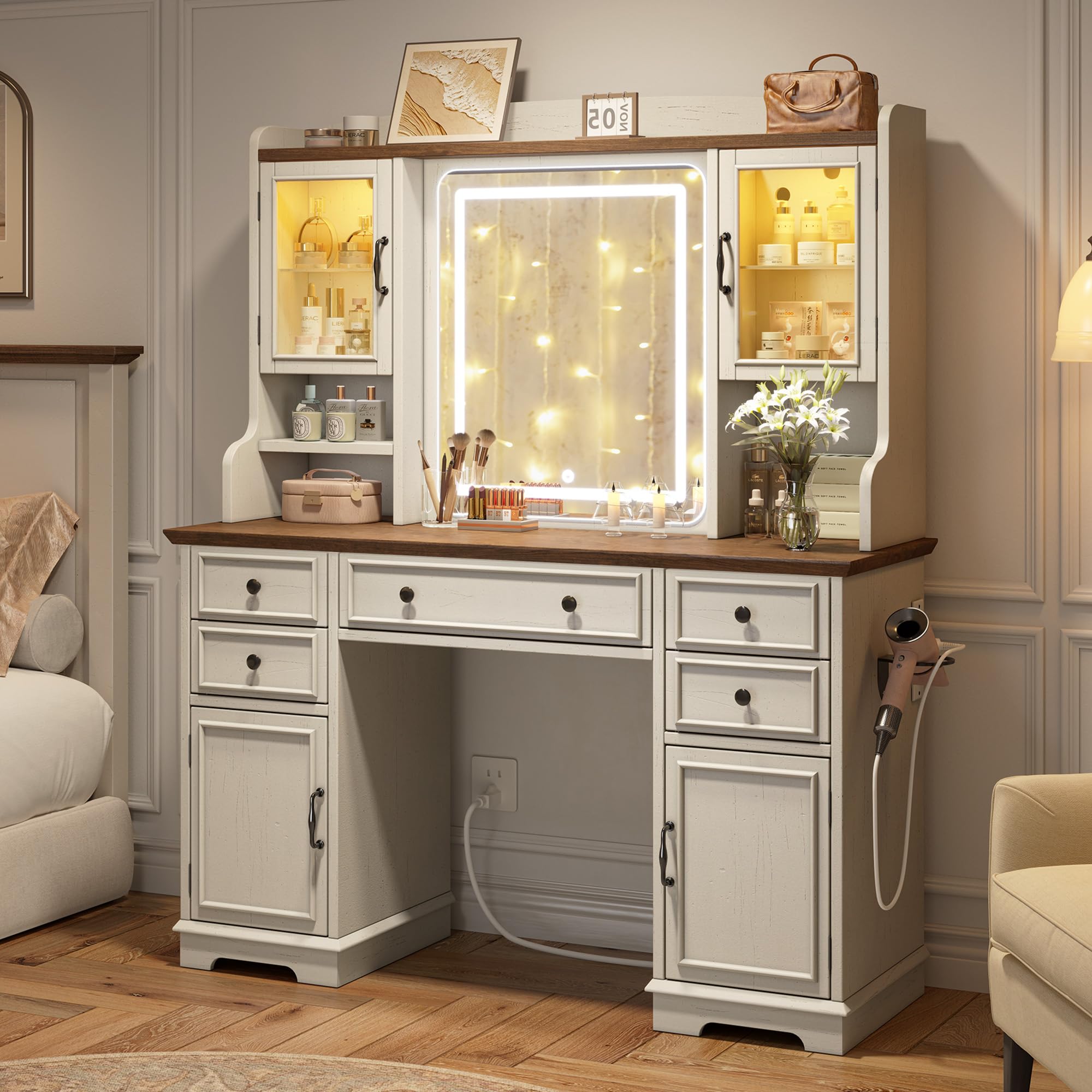 Vanity Desk with Mirror and Lights, 43.5" White Makeup Vanity with 5 Drawers & 2 RGB Glass Cabinets, Power Outlet & Adjustable LED Lights, Farmhouse Dressing Table for Women Bedroom, White, Incomplete Box 1 of 2 Only! 