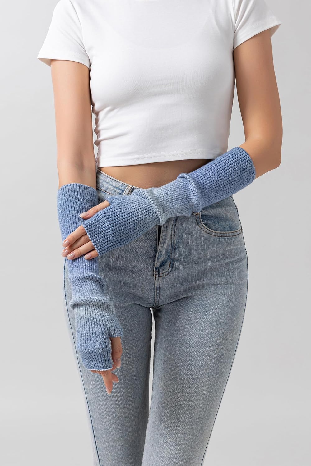 F Flammi Cashmere Blended Arm Warmer for Women Winter Fingerless Gloves Knit Mitten Gloves Wrist Warmer with Thumb Hole - Image 5