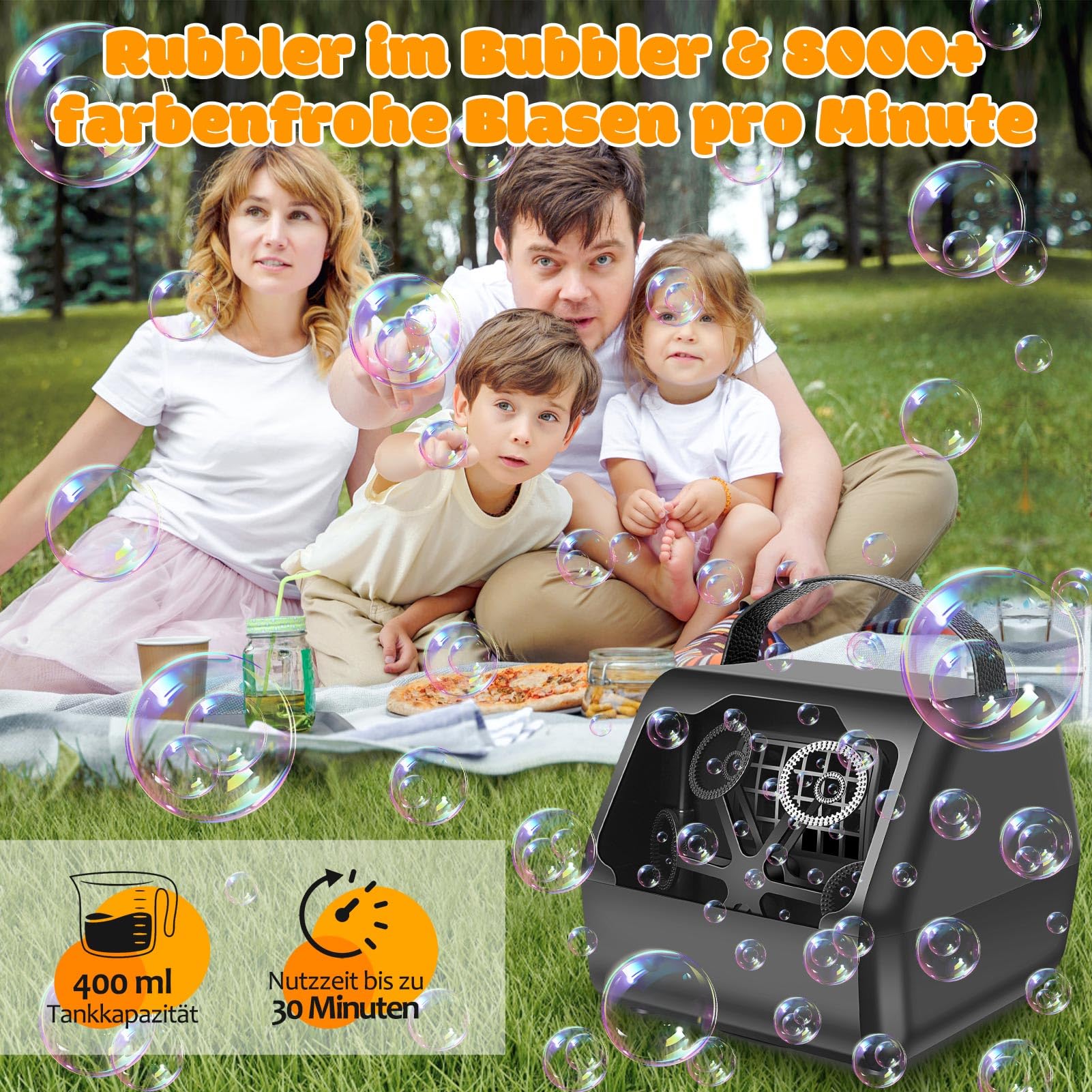 Yabtf Seifenblasenmaschine elektrisch für Kinder mit Akku | 8000+ Blasen/Min • 1800 mAh Akku • Ideal für Geburtstag, Party und Garten