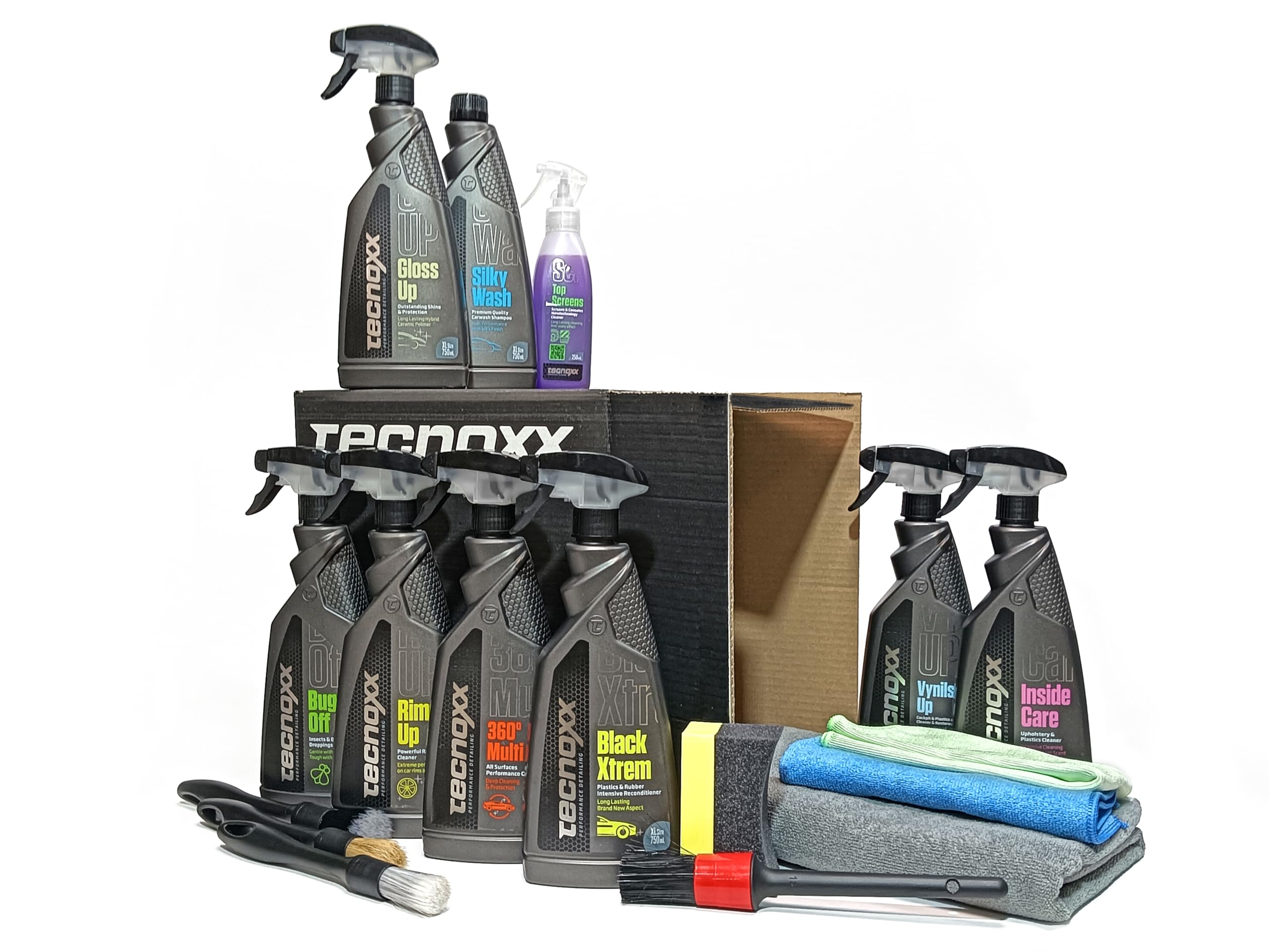 Tecnoxx - Kit Full Detailing PRO Set Completo 9 Prodotti per la Pulizia e la Manutenzione Interna ed Esterna delle Auto Include Lucidante Pulitore Cerchi Schizzi Rivestimenti Interni Insetti e Altro