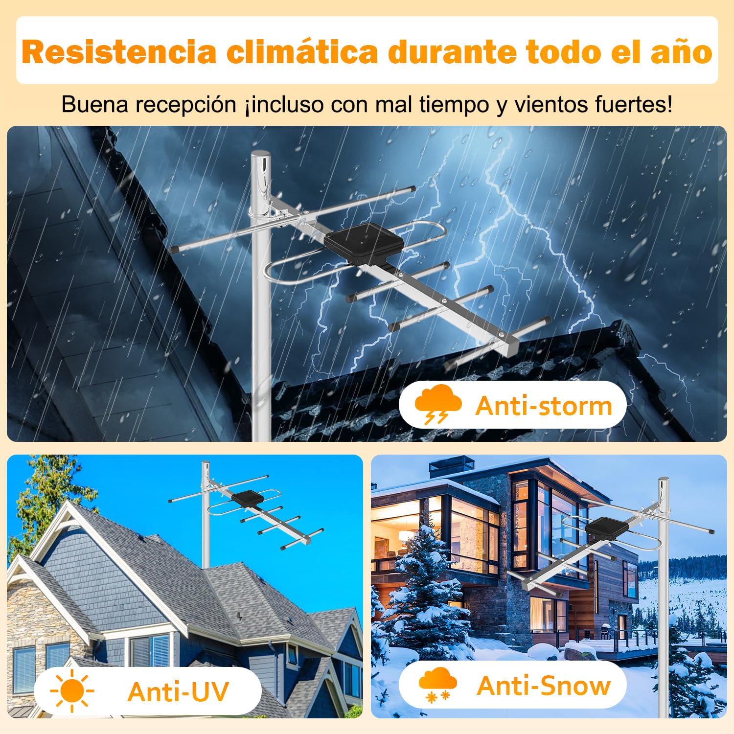 Antena TV Exterior para Smart TV – Antena TDT Digital HD 4K/1080P con Recepción UHF/VHF Estable, Largo Alcance, Resistente al Clima, Cable Coaxial de 8 m, Instalación en Tejado, Terraza y Exterior