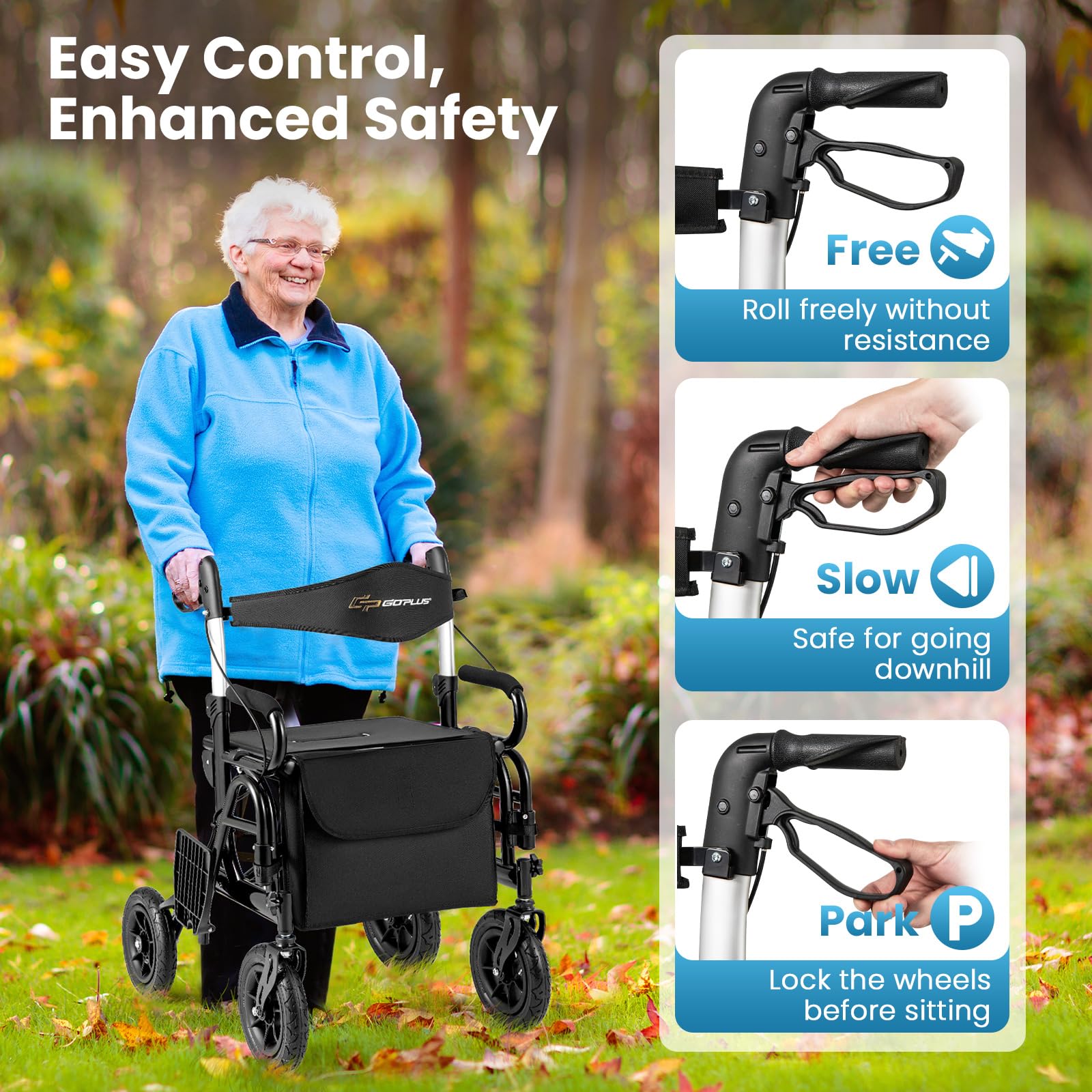 FANTASK 2 in 1 Rollstuhl & Reiserollator, Rollator faltbar & leicht mit Luftbereifung, Gehhilfe bis 140 kg, Rückenlehne mit Sitz 6-fach höhenverstellbar, Gehwagen mit Tasche & Stockhalter (Schwarz)