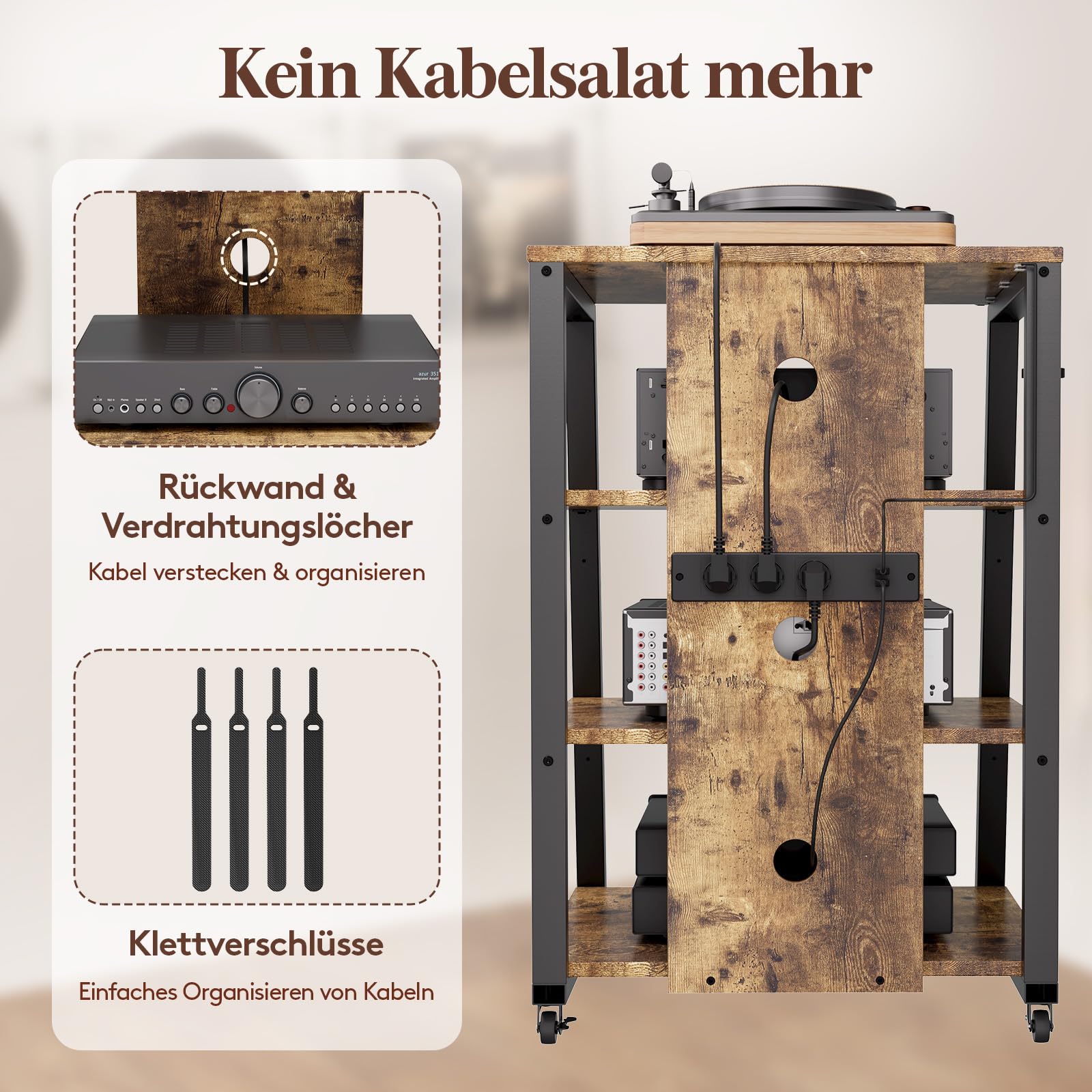 Lifewit 4-stufiger HiFi Regale mit Rädern und verstellbaren Ablage, Plattenspieler Tisch mit Steckdosenleisten und LED-Leuchten, AV-Medienständer Für Wohnzimmer/Heimkinoer, 60 x 55 x 90 cm, Schwarz
