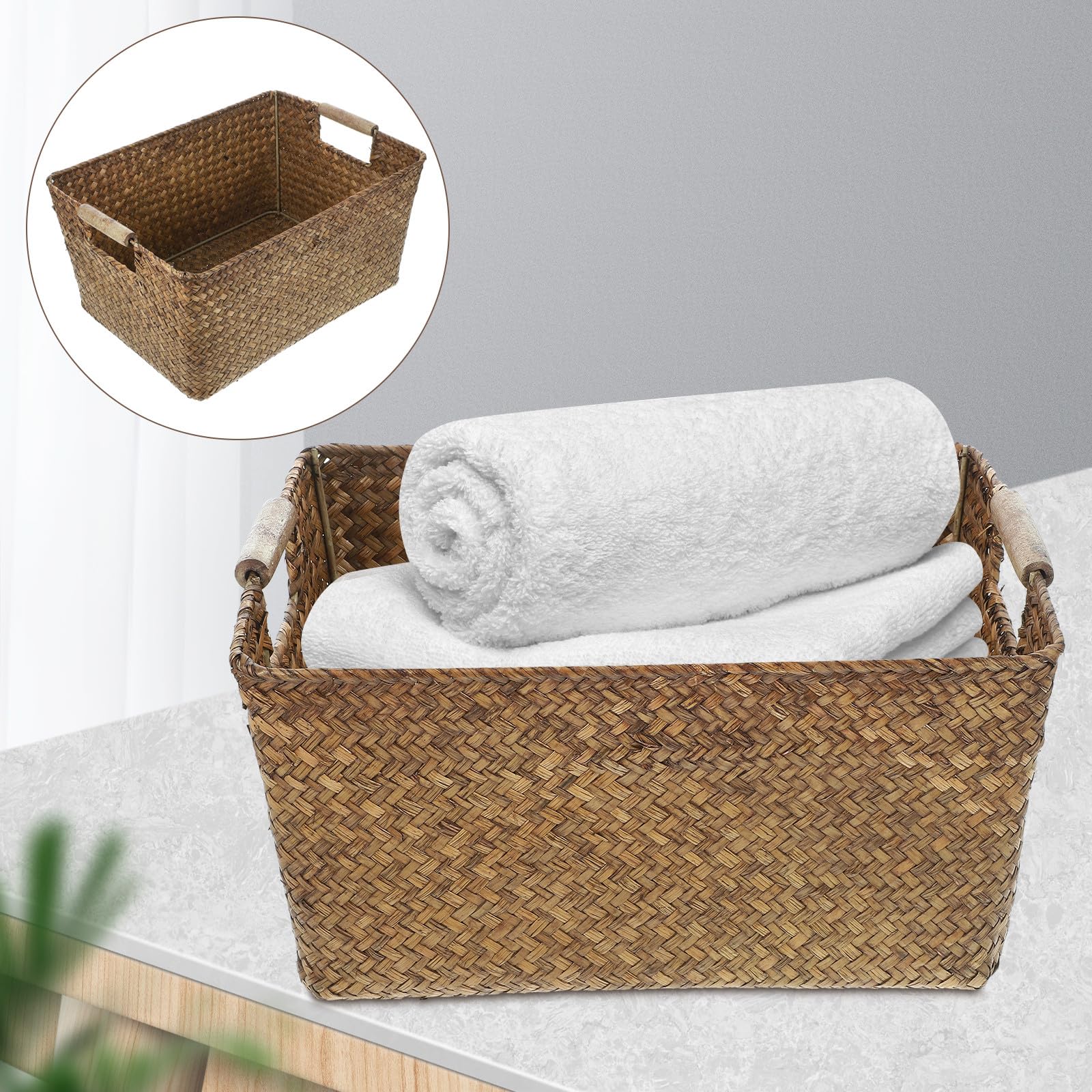 Cestino Rattan in Alga Marina e Legno, Rettangolare, Leggero, per Organizer Bagno e Casa, Cestino Portaoggetti Multiuso
