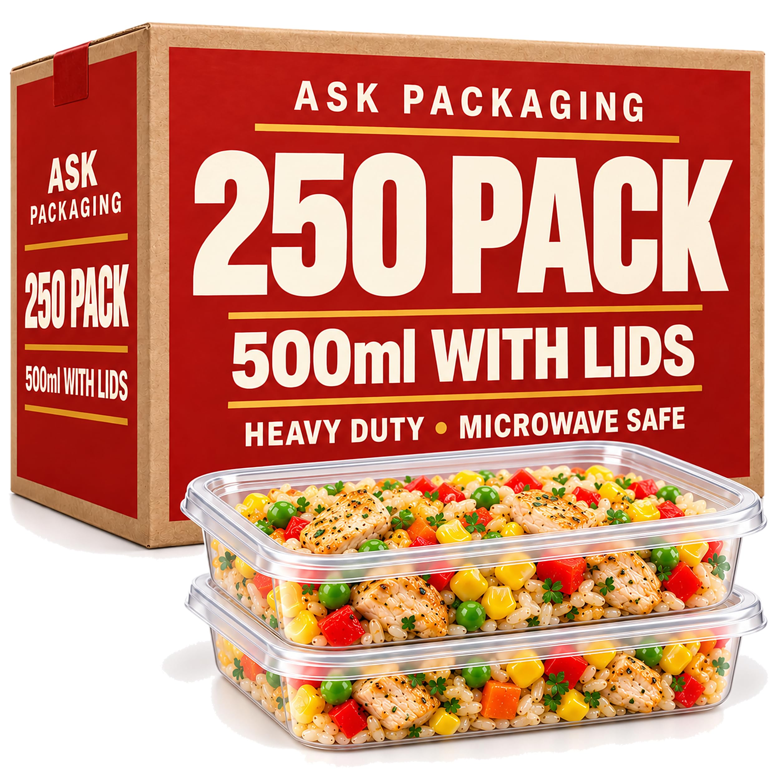 Ask Packaging 250 x 500ml Plastic Food Containers with Lids – Reusable Heavy Duty Microwave Safe Takeaway Meal Prep containers – Freezer Safe Catering Grade Food Storage Boxes for Home & Everyday Use