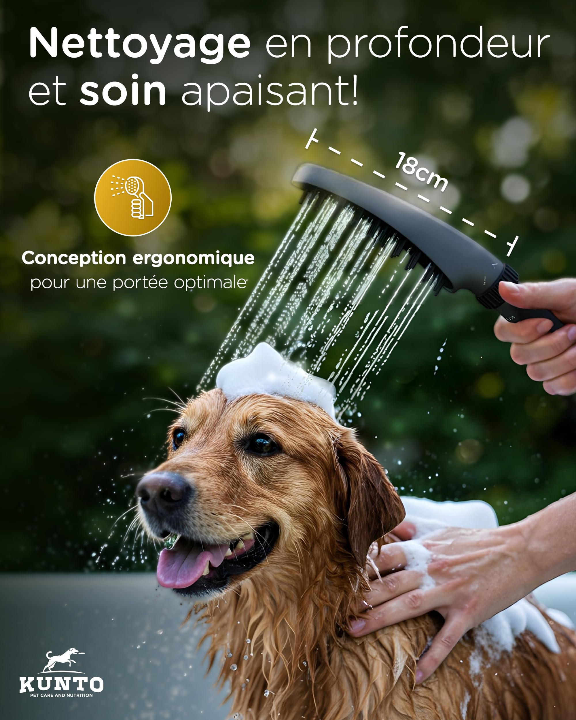 KUNTO® Pomme de douche pour chien avec 4 types de jets - Tête de douche en silicone et adaptateur pour tuyau d’arrosage