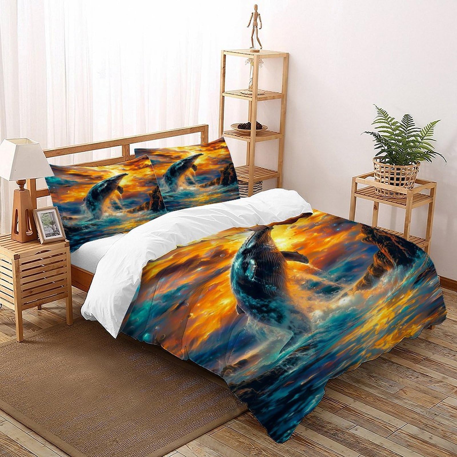 Whale Flame Bedding Set Theme Bedspread Animal Theme Wildlife Marine Animal Duvet Cover Set Microfiber Comforter Cover Suitable for Family,couple,children Pillowcase Double（200x200cm）