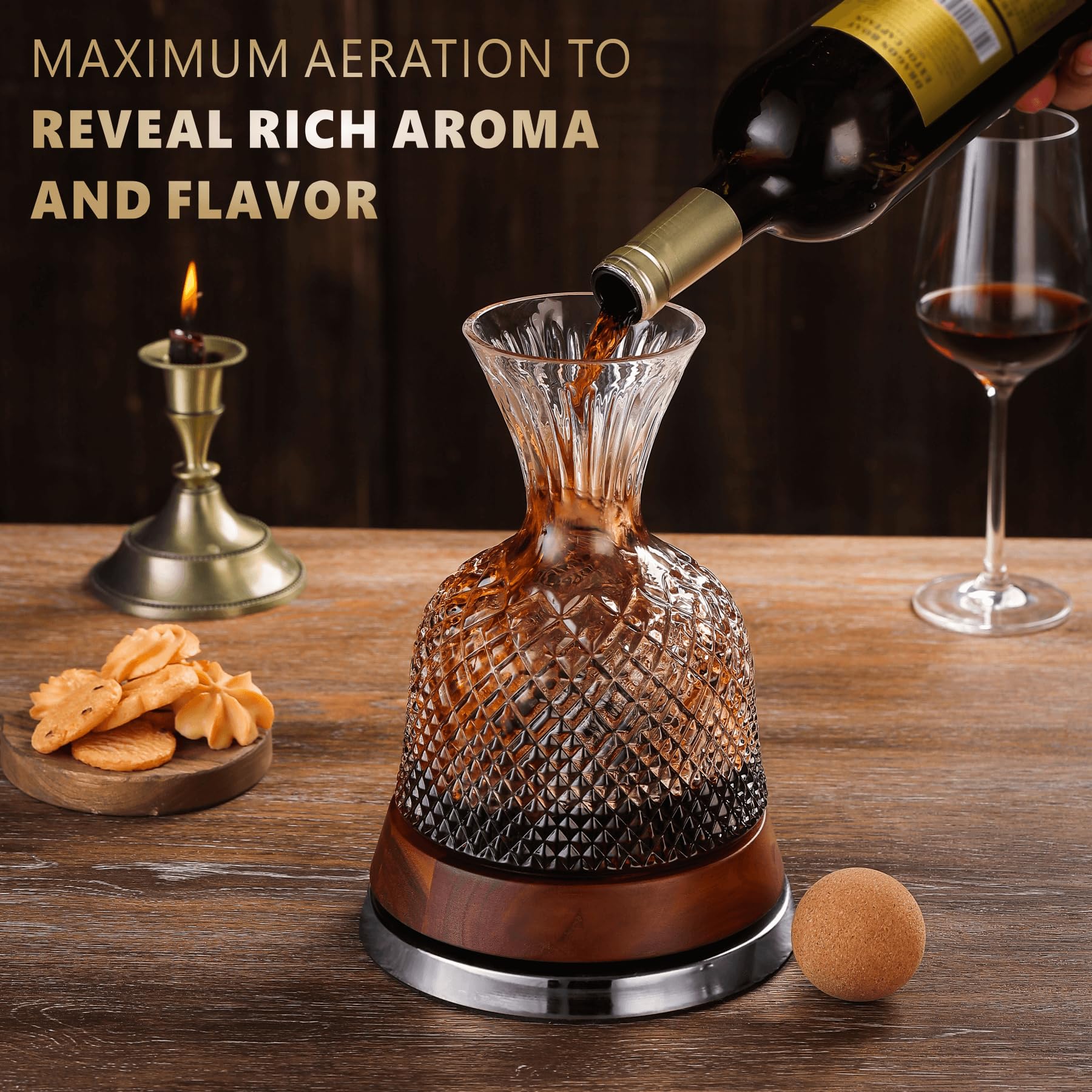 Juego de decantador de vino giratorio con base de madera maciza, divertida jarra de vino de cristal, decantador de vino tinto, accesorios de vino, regalos de vino, perfecto para bar en casa (detalles