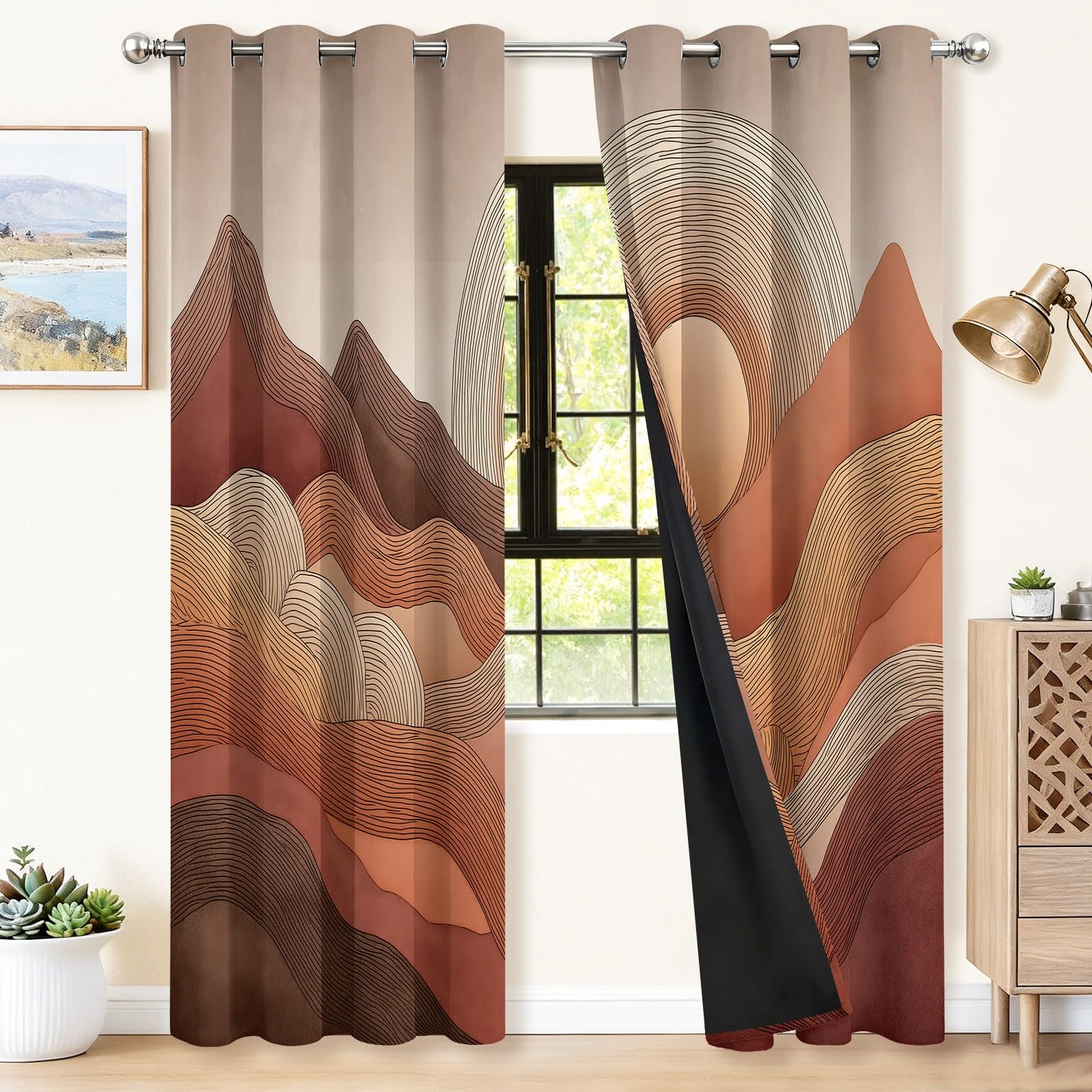 Erdfarben 100% Verdunkelungsvorhänge mit Ösen H214 x B91.5 cm (2er Set), Minimalistisch Berge Sonne Linien, Absolut Blickdichte Thermo-Gardinen gegen Hitze für Schlafzimmer und Babyzimmer
