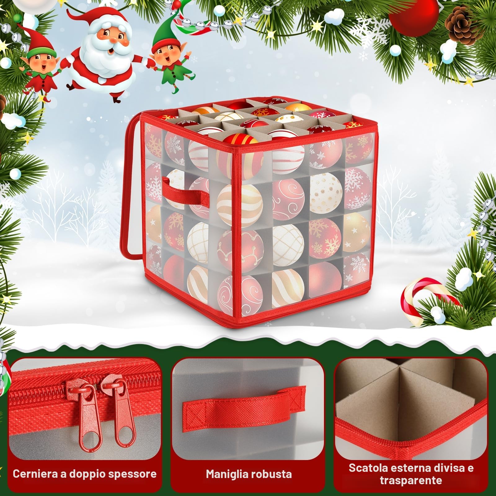 Porta Palline di Natale, Contenitore Addobbi Natalizi, Scatola Portapalline Natale, Organizer per Decorazioni dell'Albero, Scatola Rigida per Elementi Decorativi