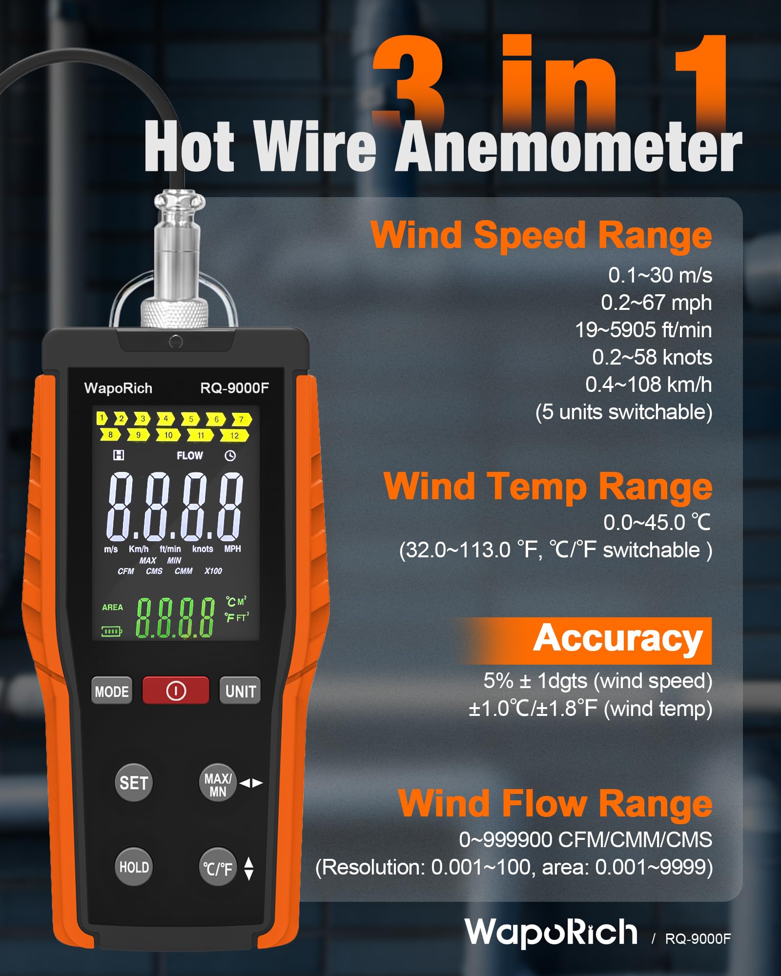 Thermisches Windmesser Windmessgerät, WapoRich Hitzdraht-Anemometer HVAC CFM Meter misst Windgeschwindigkeit, Temp(℃/℉), CMM/CMS/CFM mit MAX/MIN, Data Hold - RQ-9000F