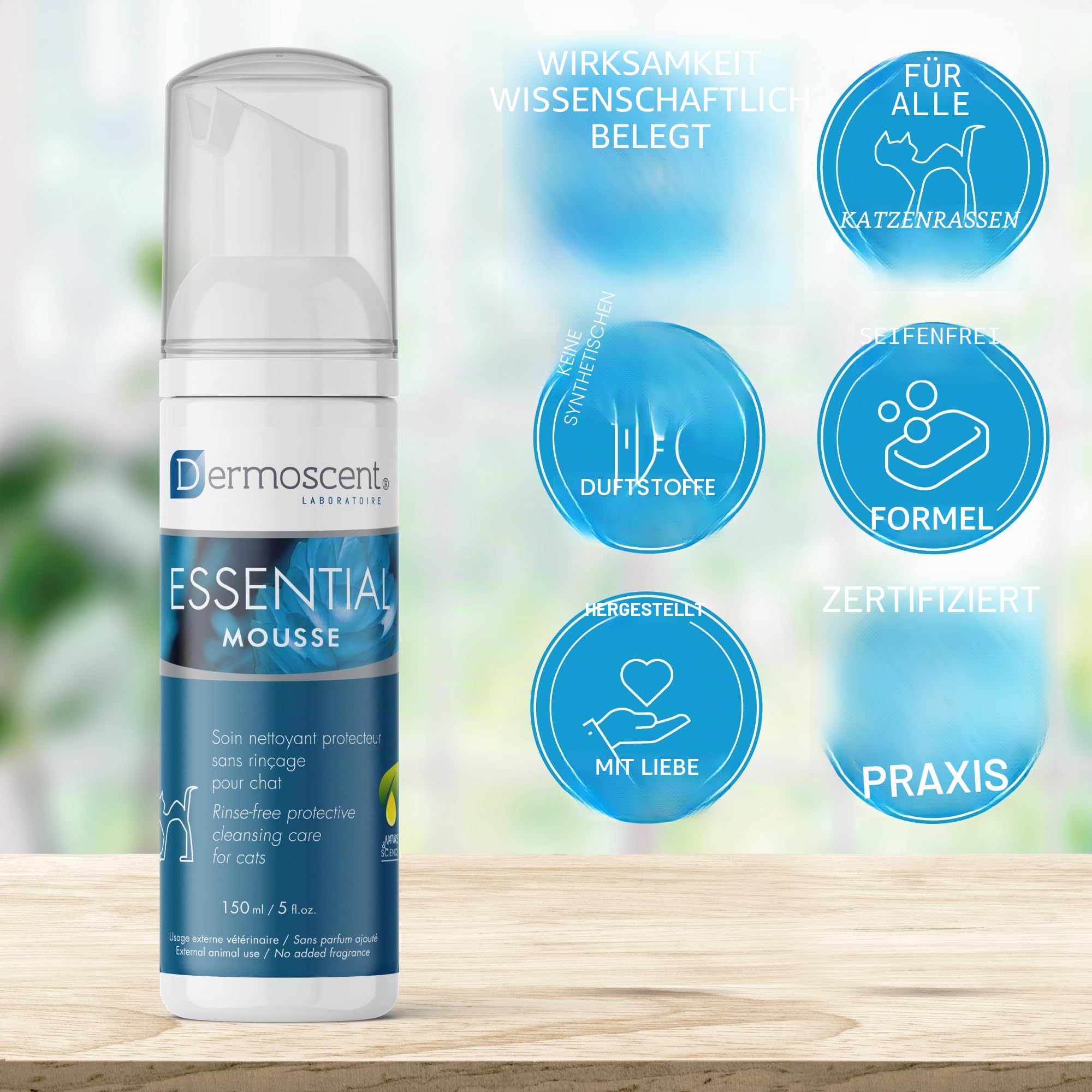 Dermoscent Katzenshampoo ohne Wasser – Trockenshampoo für Katzen | Sanfte Reinigung mit Hanfsamenöl & Niaouli-Öl | Feuchtigkeitsspendender Schaum | Essential Mousse