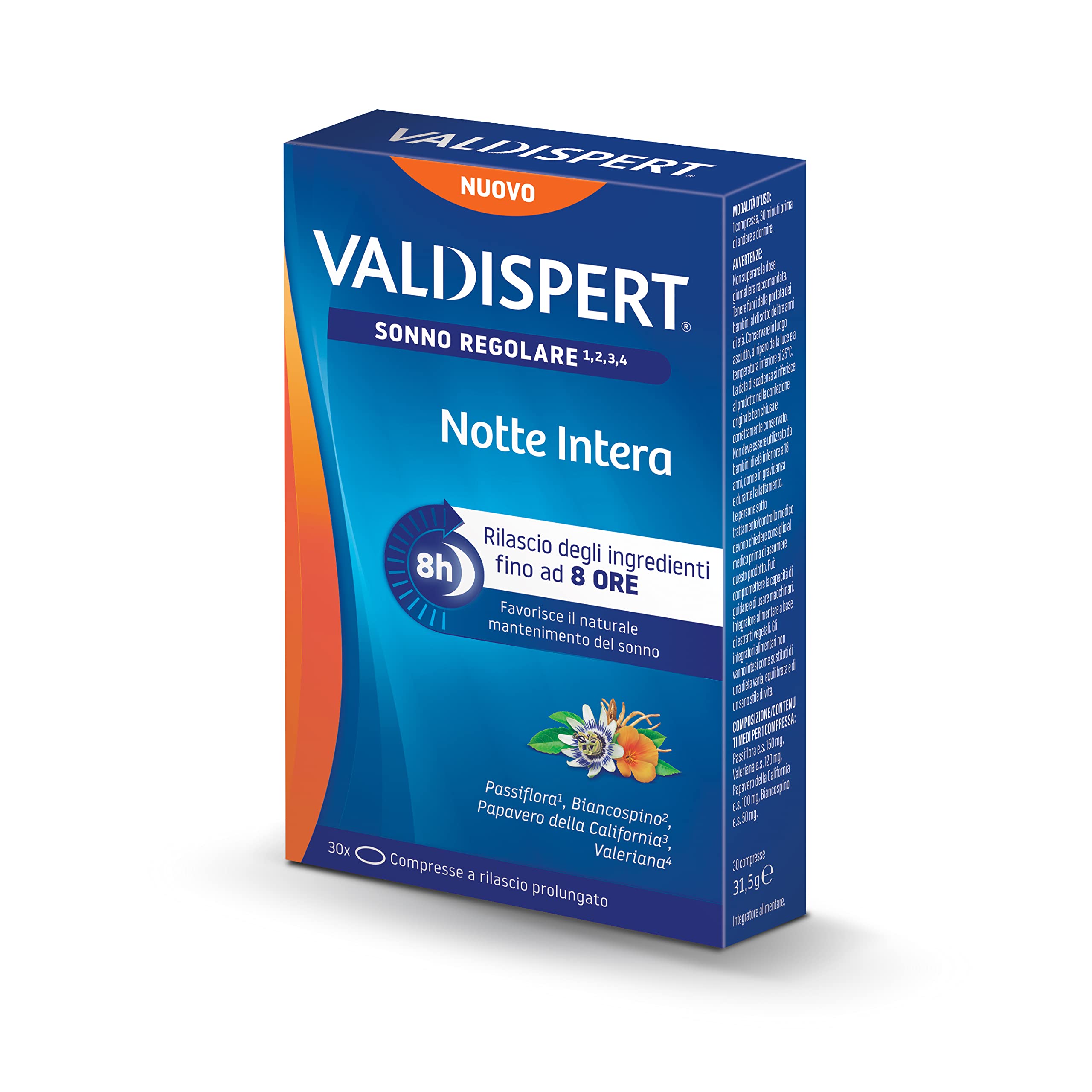 Valdispert Notte Intera, 30 Compresse a Lento Rilascio per il Sonno Regolare con Valeriana, Passiflora, Biancospino e Papavero della California, Senza Glutine e Senza Lattosio